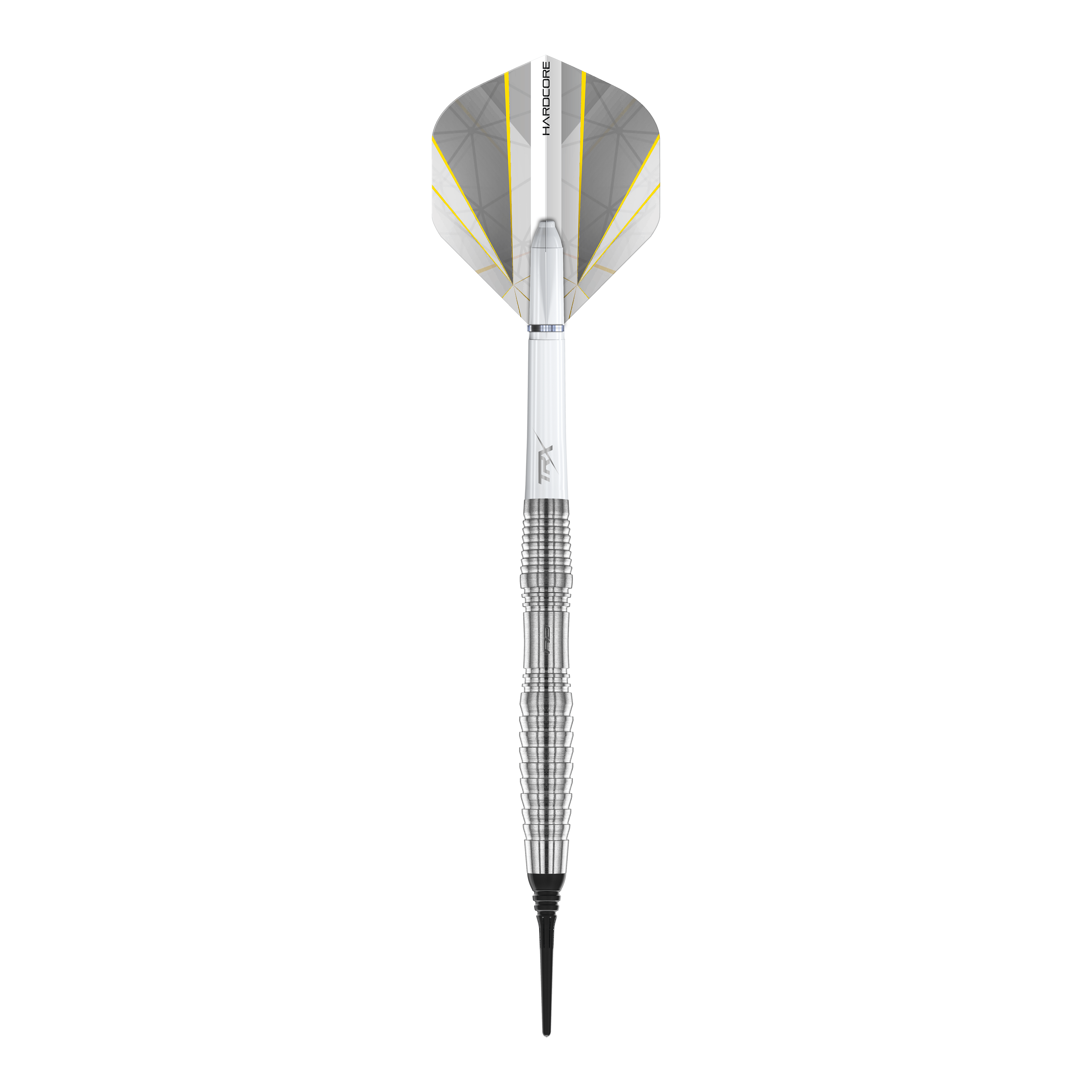 Dardos blandos Red Dragon Seren 3 Pure - 20 g Das Bild zeigt einen Red Dragon Seren 3 Pure Softdart mit einem Gewicht von 20g. Der Dart hat ein silberfarbenes, geriffeltes Barrel und weiße Flights mit gelben Akzenten.