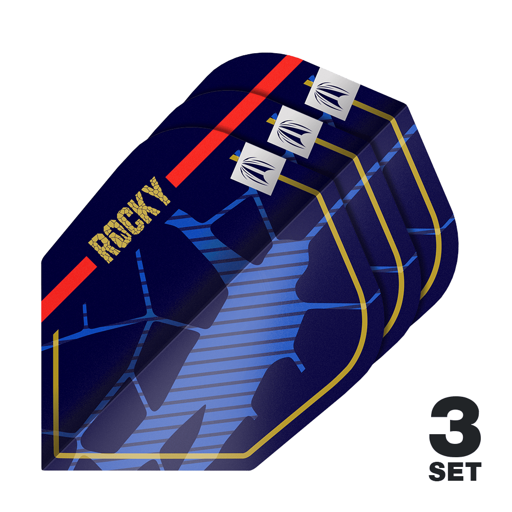 Vuelos Target Pro Ultra Josh Rock GEN1 No6 - 3 juegos Das Bild zeigt drei Sätze der Target Pro Ultra Josh Rock GEN1 No6 Flights. Die Flights sind dunkelblau mit goldenen, roten und blauen Designelementen sowie dem Schriftzug "ROCKY".