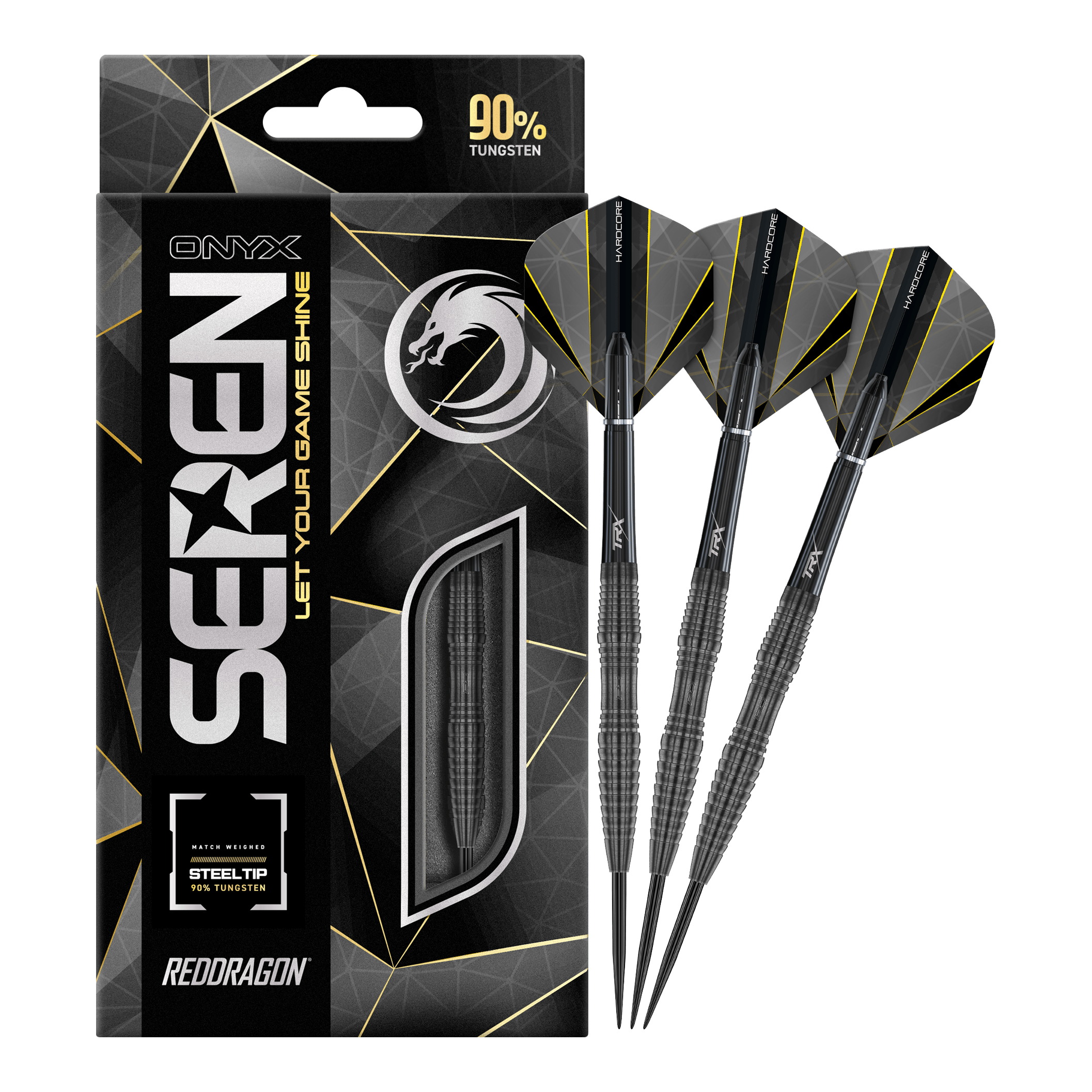 Red Dragon Seren 3 Dardos de Acero de Ónix Das Bild zeigt die Red Dragon Seren 3 Onyx Steeldarts mit einer schwarzen Verpackung. Drei schwarze Steeldarts mit modernen Flights sind neben der Verpackung abgebildet.