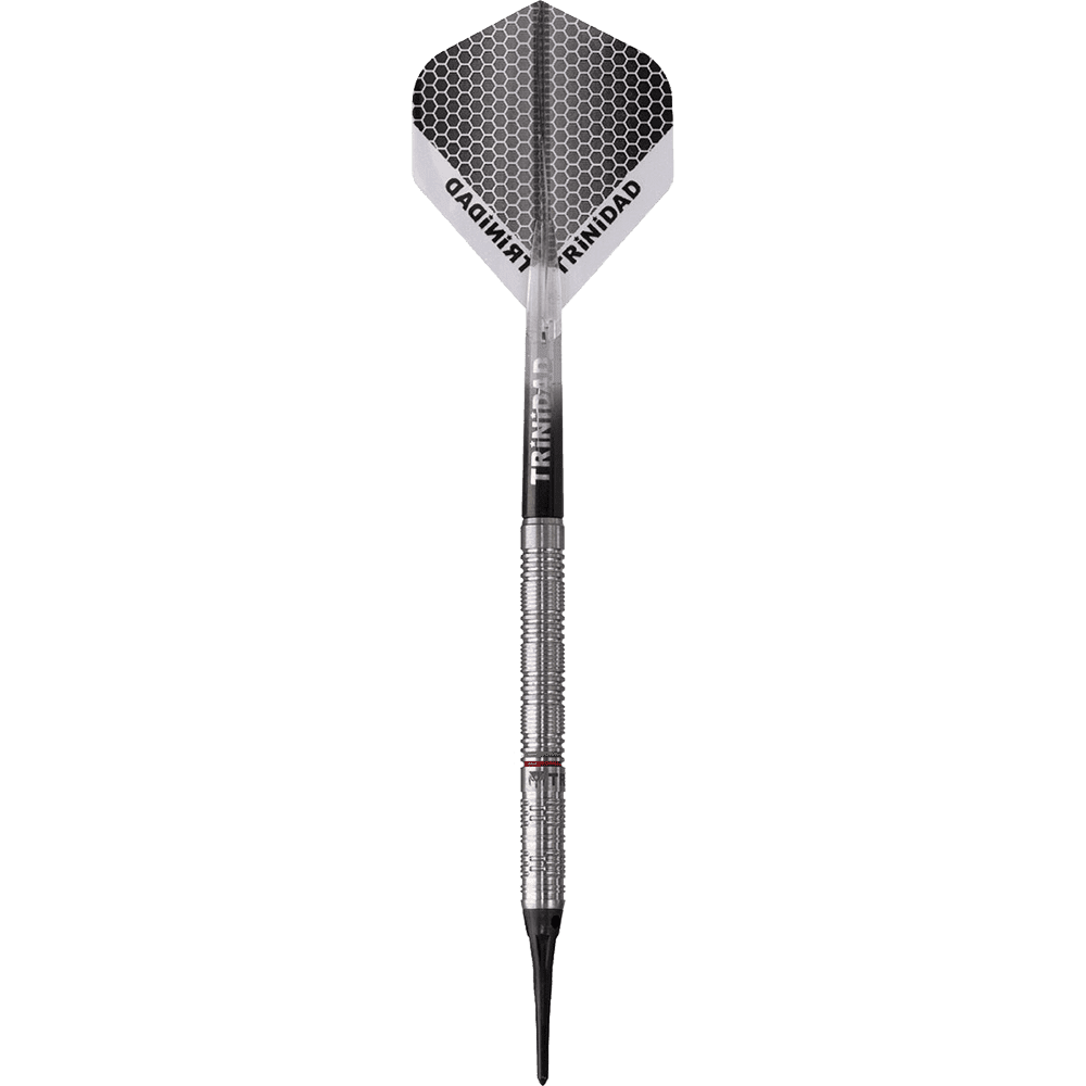 D7622_Trinidad_Jose_De_Sousa_Type_3_Softdarts_1gtmMkGZGUtt2G Das Bild zeigt den Trinidad Jose De Sousa Type 3 Softdart mit einem Gewicht von 18g. Der Dartpfeil hat ein silbernes Barrel und eine Flight mit Wabenmuster und der Aufschrift "TRINIDAD".