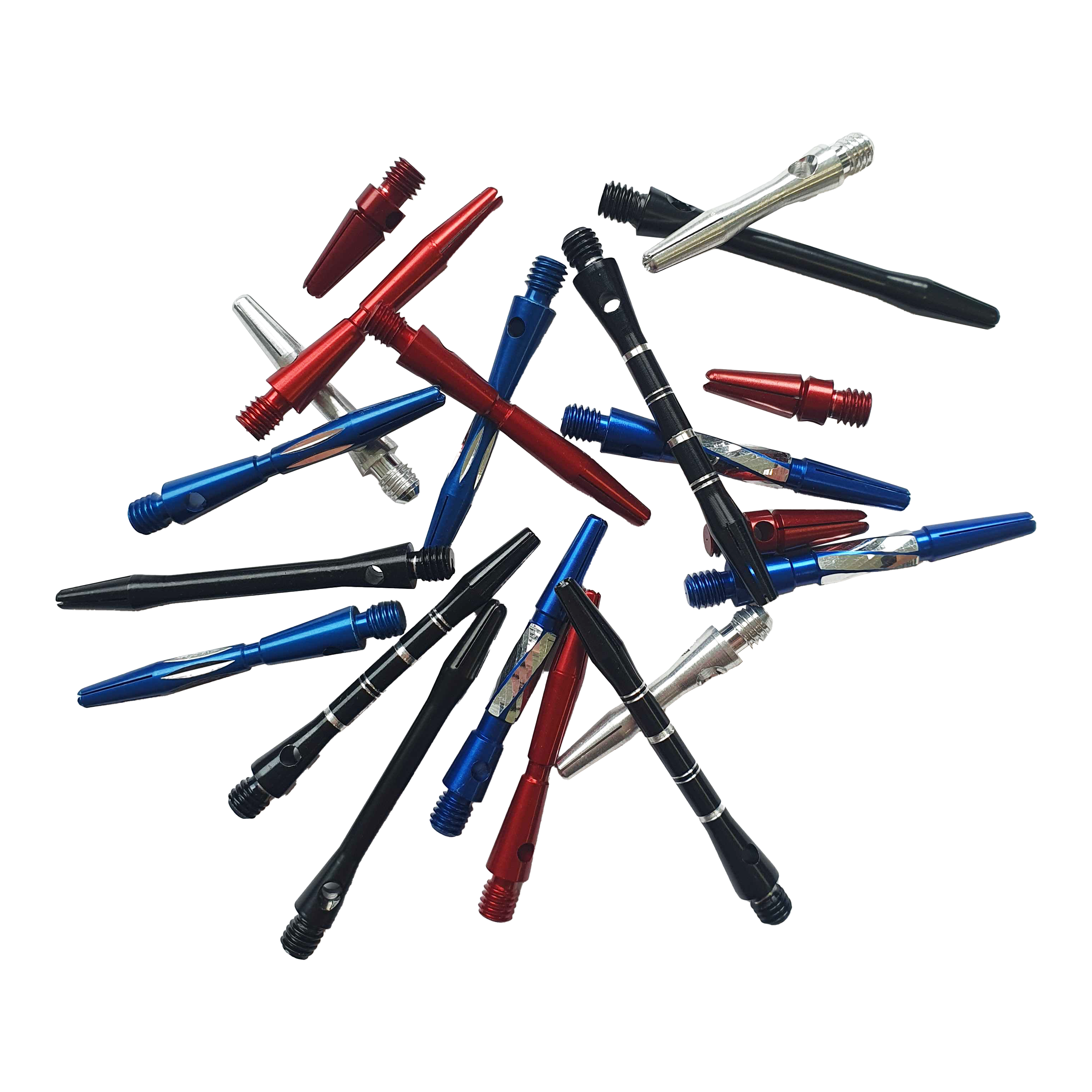 Juego sorpresa de ejes de aluminio - 7 juegos Das Bild zeigt eine Auswahl an bunten Aluminiumschäften für Dartpfeile. Die Schäfte sind in verschiedenen Farben wie Rot, Blau, Schwarz und Silber enthalten.