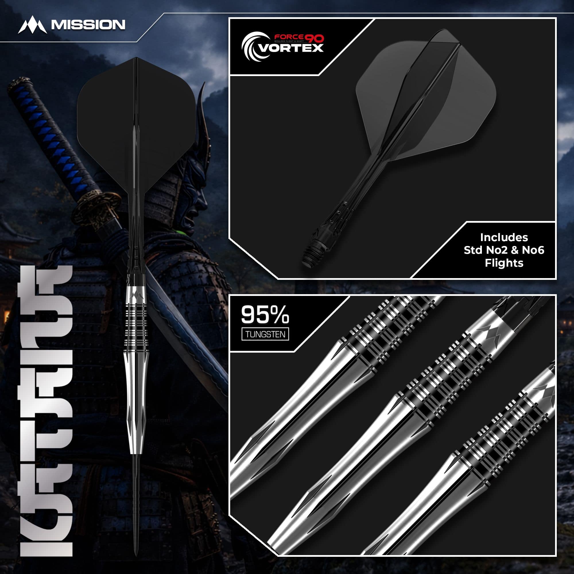 Dardos de acero Mission Katana Auf diesem Bild sieht man die Mission Katana Steeldarts. Sie sind beliebt wegen ihrer hochwertigen Verarbeitung und optimalen Flugeigenschaften.