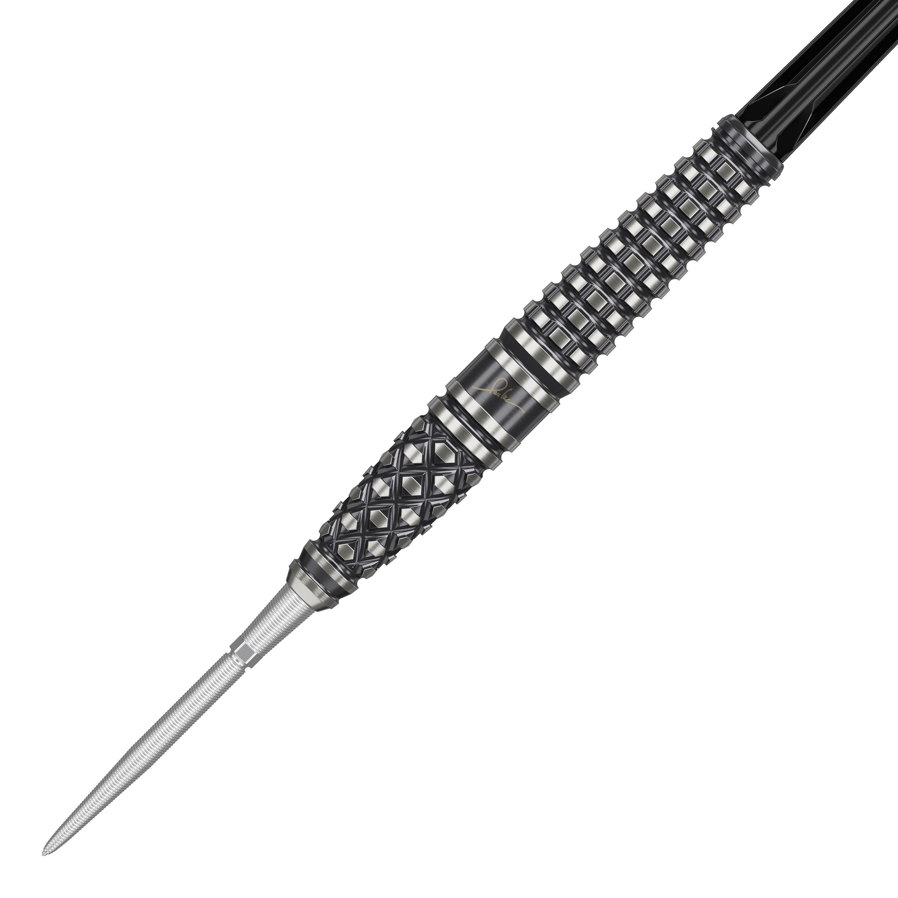 Dardos de acero Target Japan Paul Lim The Legend GEN8 Swiss Point de 24 g Das Bild zeigt einen Target Japan Paul Lim The Legend GEN8 Swiss Point Steeldart mit 24g Gewicht. Der Dart hat ein detailreiches, strukturiertes Griffdesign in Schwarz und Silber.