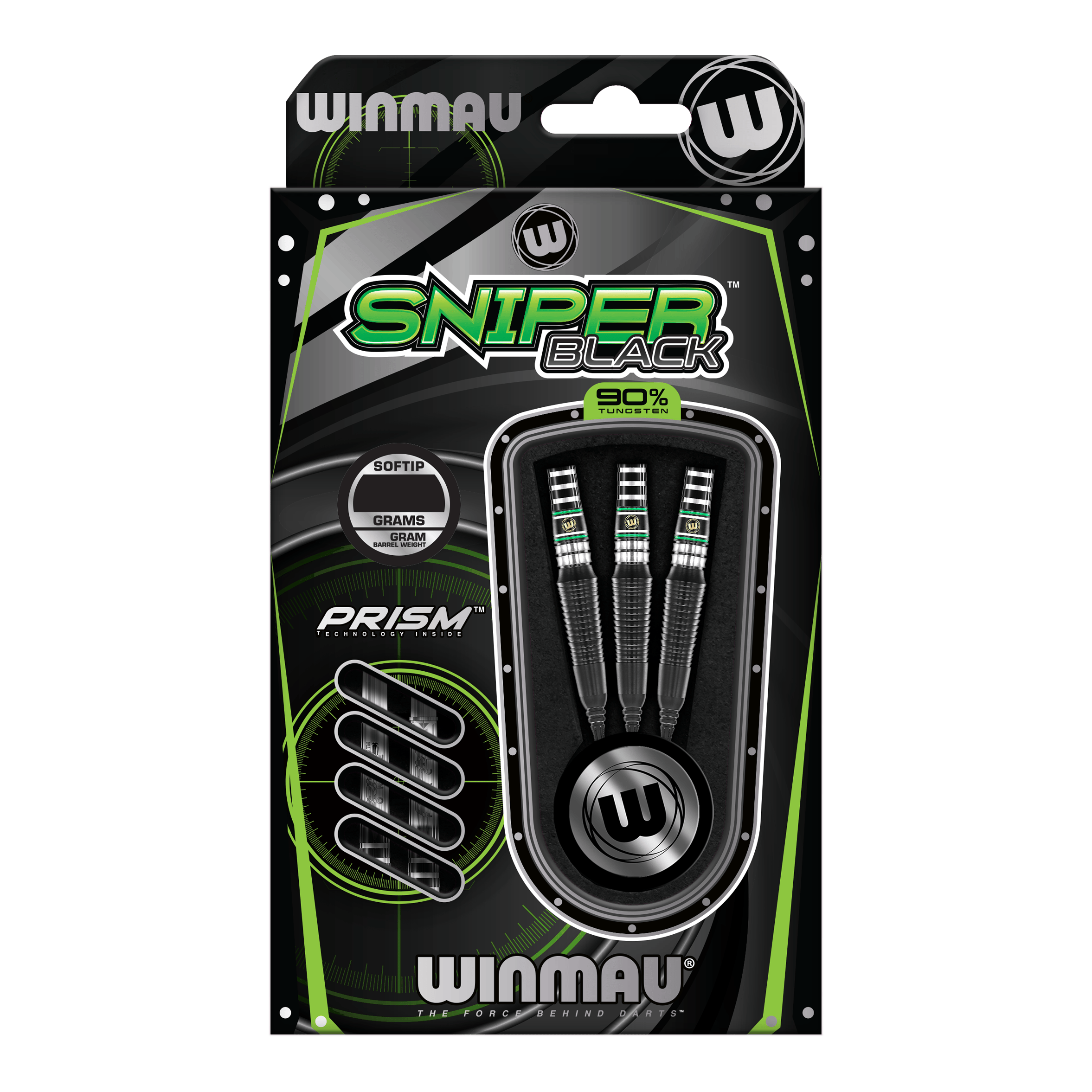 Dardos blandos Winmau Sniper Black 2025 - 20 g Die Abbildung zeigt die Winmau Sniper Black 2025 Softdarts mit einem Gewicht von 20 Gramm. Die Verpackung ist in Schwarz und Grün gehalten und enthält drei Softdarts mit 90% Tungsten.