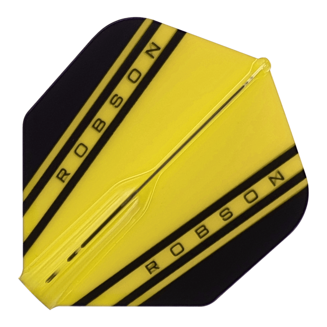 Robson Plus V Standard Flights Das Bild zeigt einen gelben Dartflight mit schwarzen Streifen und der Aufschrift "ROBSON". Es handelt sich um das Produkt "Robson Plus V Standard Flights".