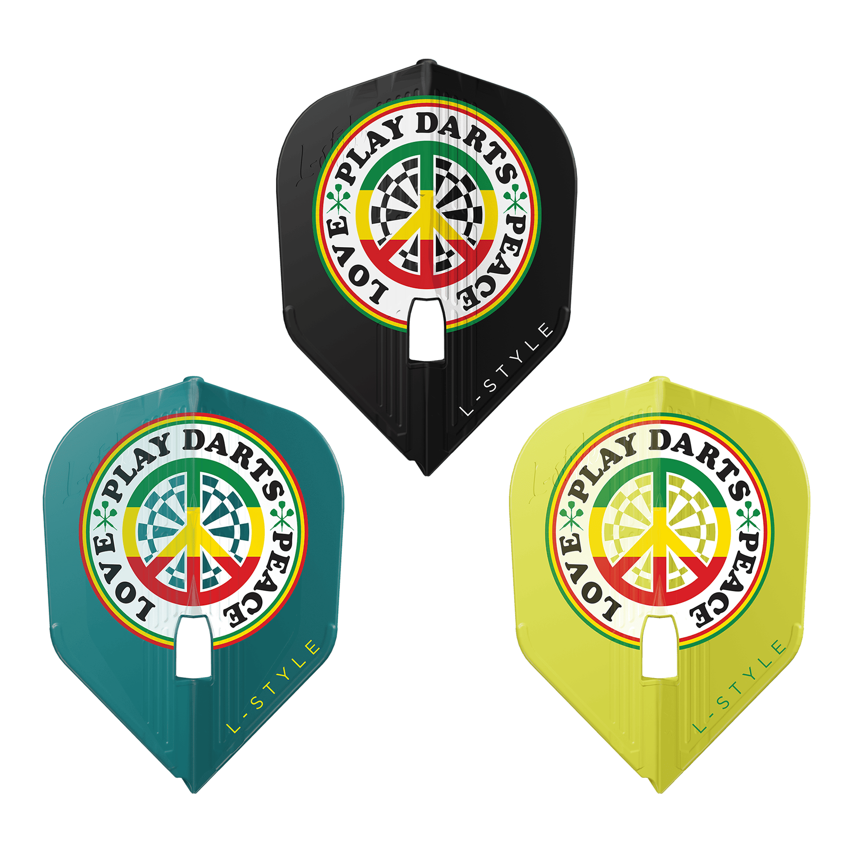 Das Bild zeigt drei bunte Dart-Flights der Marke L-Style mit dem Design "Deta Hedman V4 Mix KAMI". Auf jedem Flight steht "LOVE PLAY DARTS PEACE" um ein Peace-Zeichen mit Dartboard-Muster.