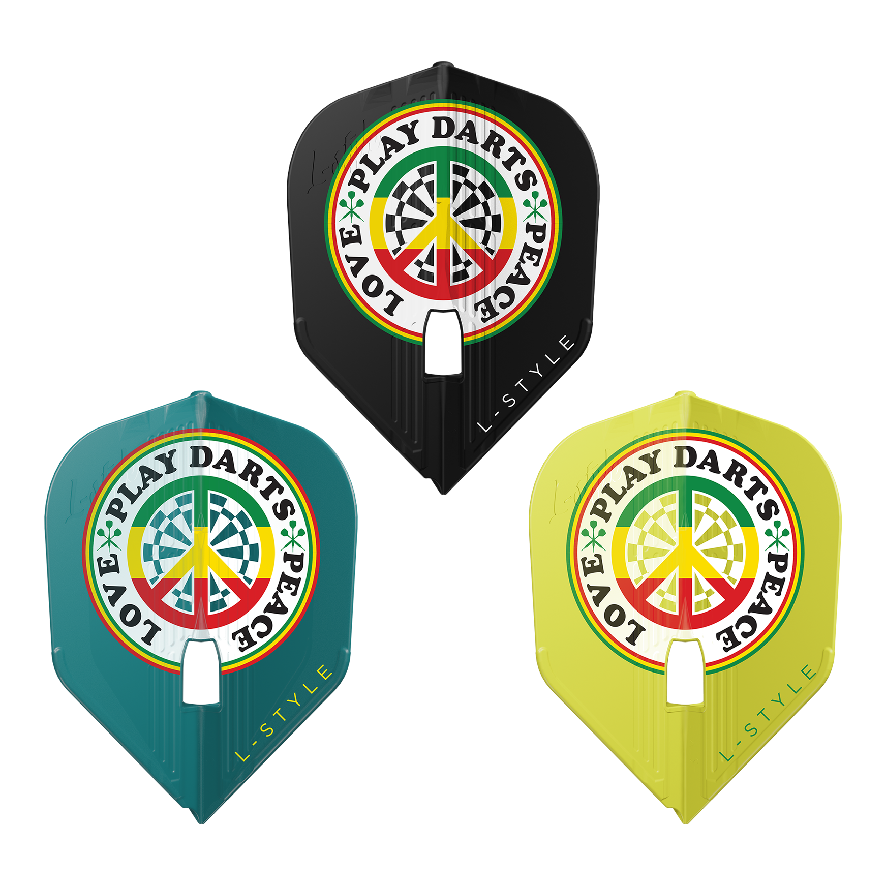 L-STyle Deta Hedman V4 Mix KAMI Flights Das Bild zeigt drei bunte Dart-Flights der Marke L-Style mit dem Design "Deta Hedman V4 Mix KAMI". Auf jedem Flight steht "LOVE PLAY DARTS PEACE" um ein Peace-Zeichen mit Dartboard-Muster.