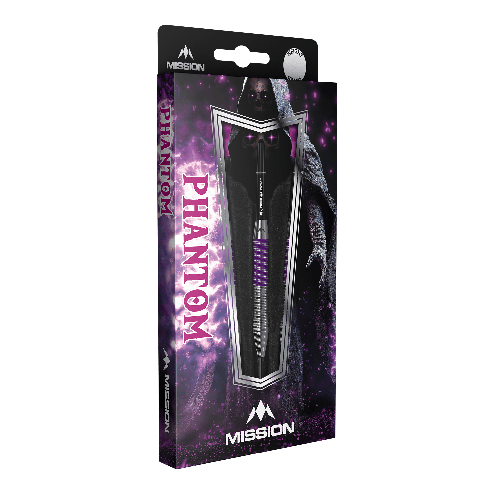 Dardos Mission Phantom de latón y acero - 22 g Die Abbildung zeigt die Verpackung der "Mission Phantom Brass Steeldarts - 22g". Die Verpackung ist überwiegend lila und schwarz gestaltet und zeigt einen Dartpfeil sowie eine geheimnisvolle, schattenhafte Figur im Hintergrund.