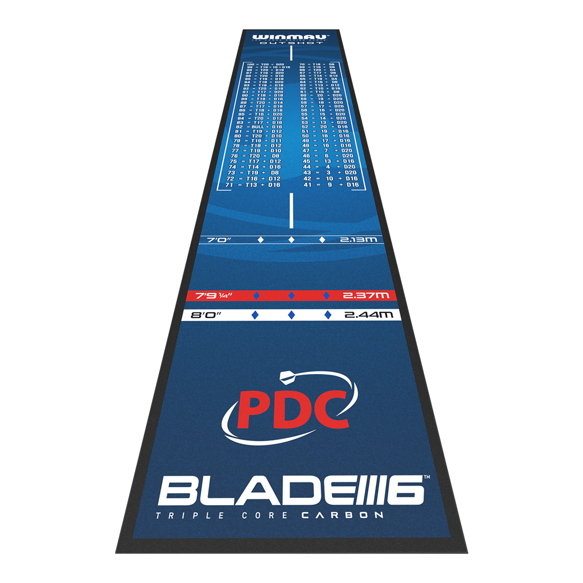 Tapete de dardos Winmau Outshot Die Abbildung zeigt die Winmau Outshot Dartmatte 2024 in blauem Design. Auf der Matte sind verschiedene Abwurflinien, Checkout-Tabelle und das PDC-Logo abgebildet.