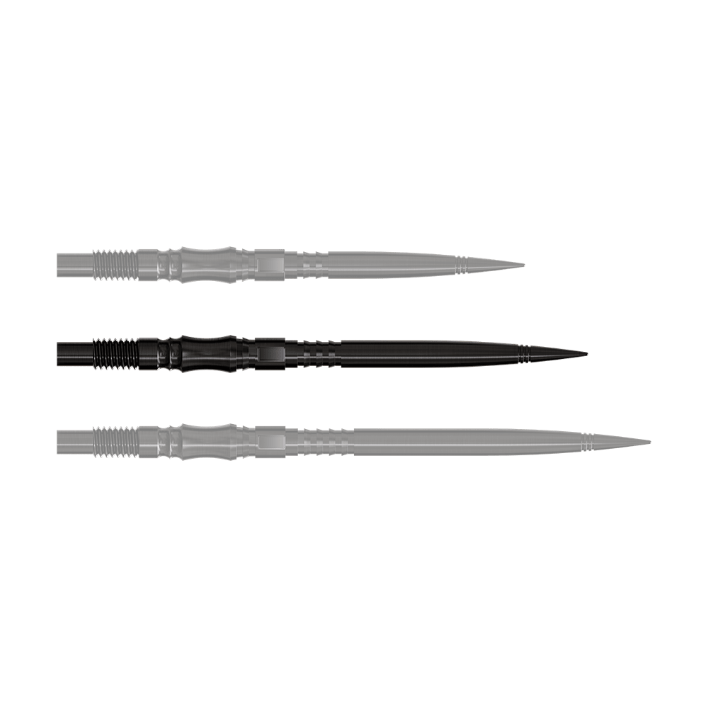 Axis Black Elite Series Dartspitzen in 35mm Länge sind zu sehen. Die Spitzen sind schwarz und schlank.