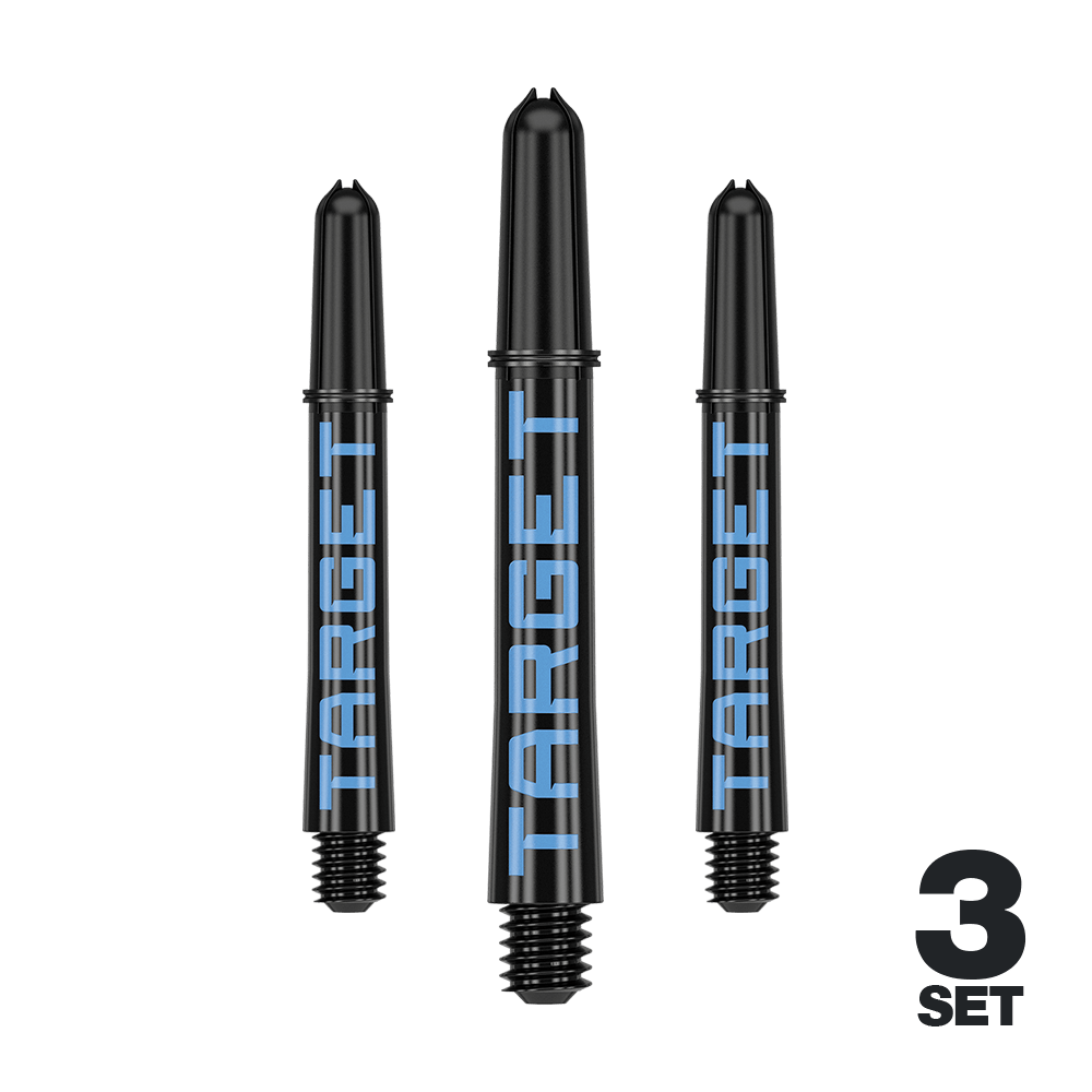 Varillas Target Pro Grip TAG - 3 juegos - Negro y azul Das Bild zeigt drei schwarze Dartschäfte mit blauer Aufschrift "TARGET". Unten rechts steht "3 SET", was auf ein Set aus drei Stück hinweist.