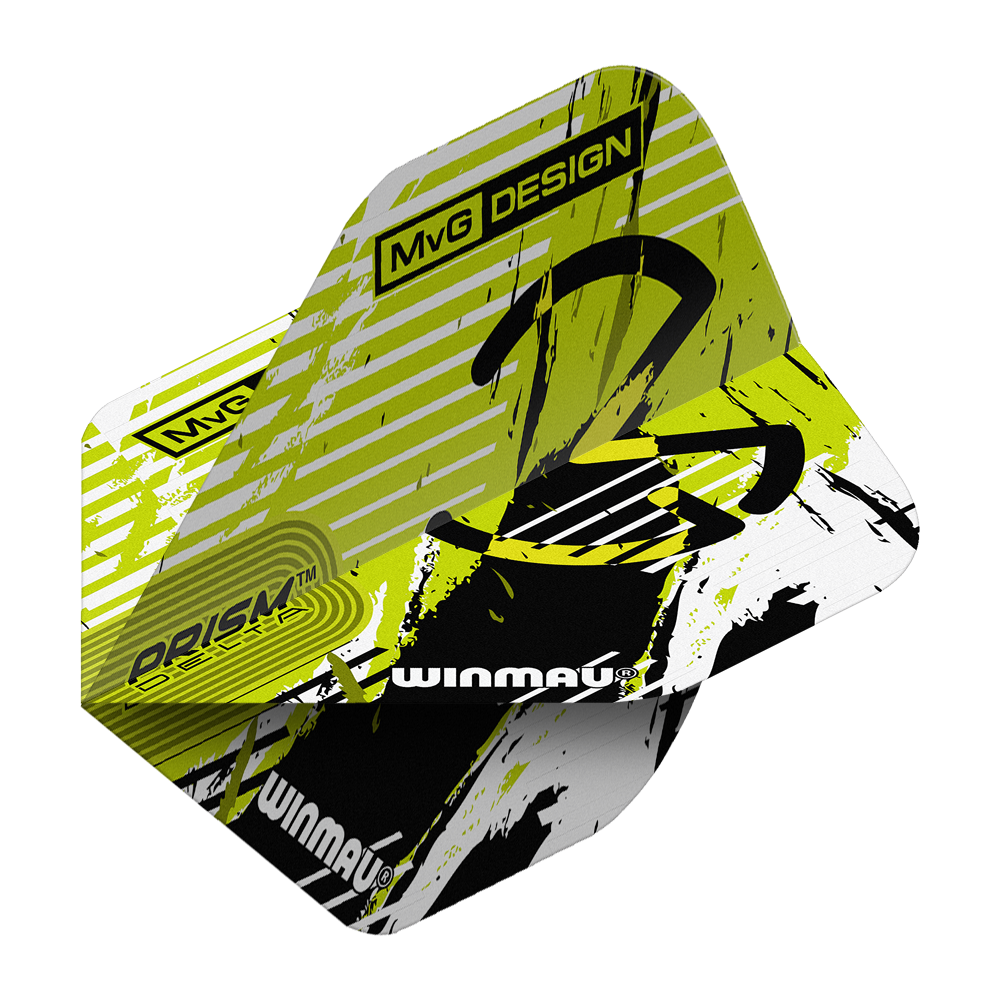Vuelos estándar Winmau Delta Michael Van Gerwen Prism 03 Das Bild zeigt die Winmau Delta Michael Van Gerwen Prism 03 Standard Flights. Das Design ist in Gelb, Schwarz und Weiß gehalten und trägt den Schriftzug "MvG DESIGN" sowie das Winmau-Logo.