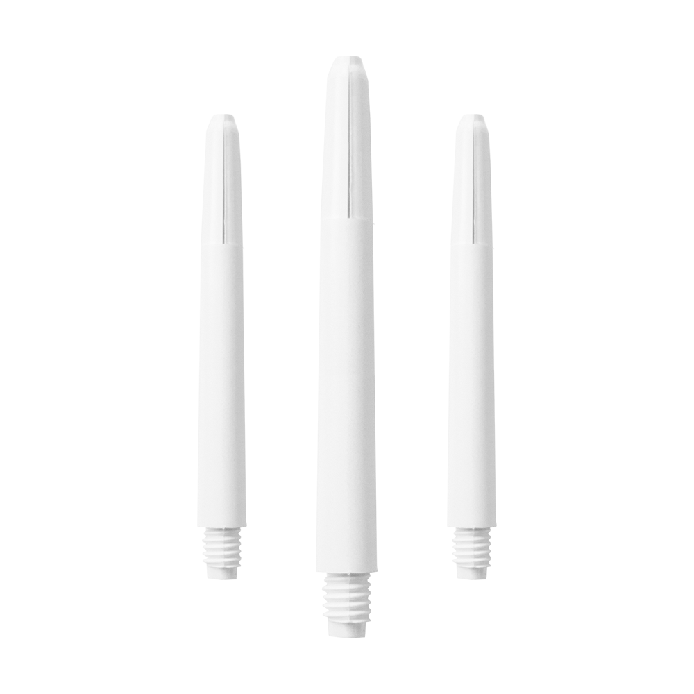 583_Nylon_Shafts_Schneeweiss_48mm_1KhbEmfNzhSggk Das Bild zeigt drei schneeweiße Nylon Shafts nebeneinander. Jeder Shaft hat ein Gewinde am unteren Ende und ist schlicht gestaltet.