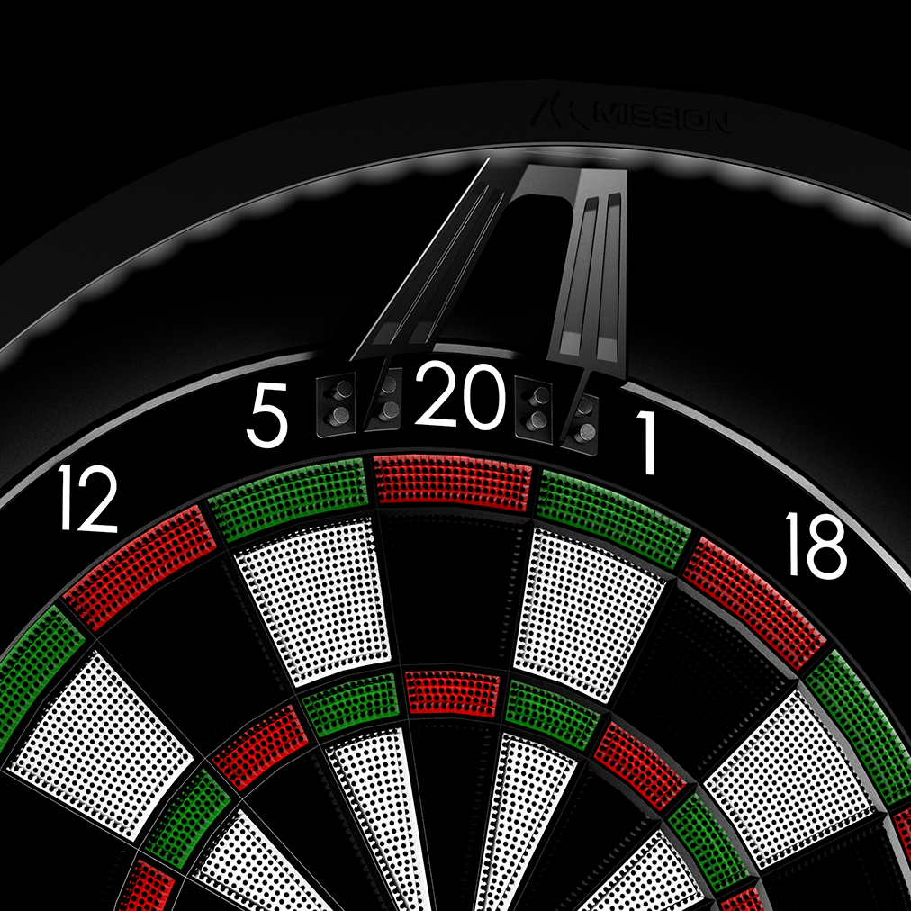 Sistema de iluminación Mission Torus ST para dianas electrónicas Das Bild zeigt ein elektronisches Dartboard mit farbigen Segmenten und gut lesbaren Zahlen. Darüber ist das Mission Torus ST Beleuchtungssystem zu sehen, das für eine optimale Ausleuchtung sorgt.