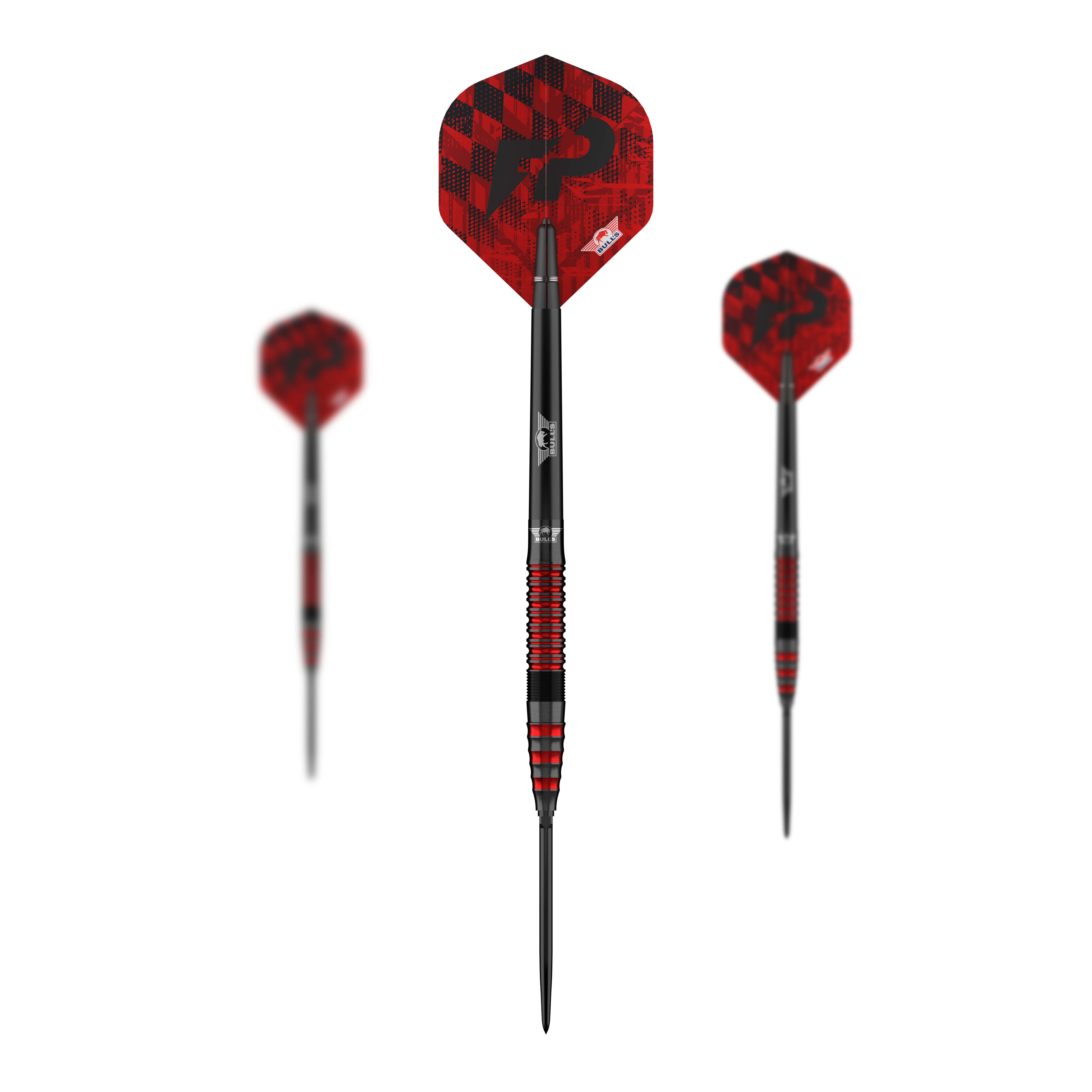 Bulls NL Florian Price 90 Puntos Convertibles Steeldarts Das Bild zeigt das komplette Set Bulls NL Florian Preis 90 Convertible Point Steeldarts. Die Darts sind silberfarben.