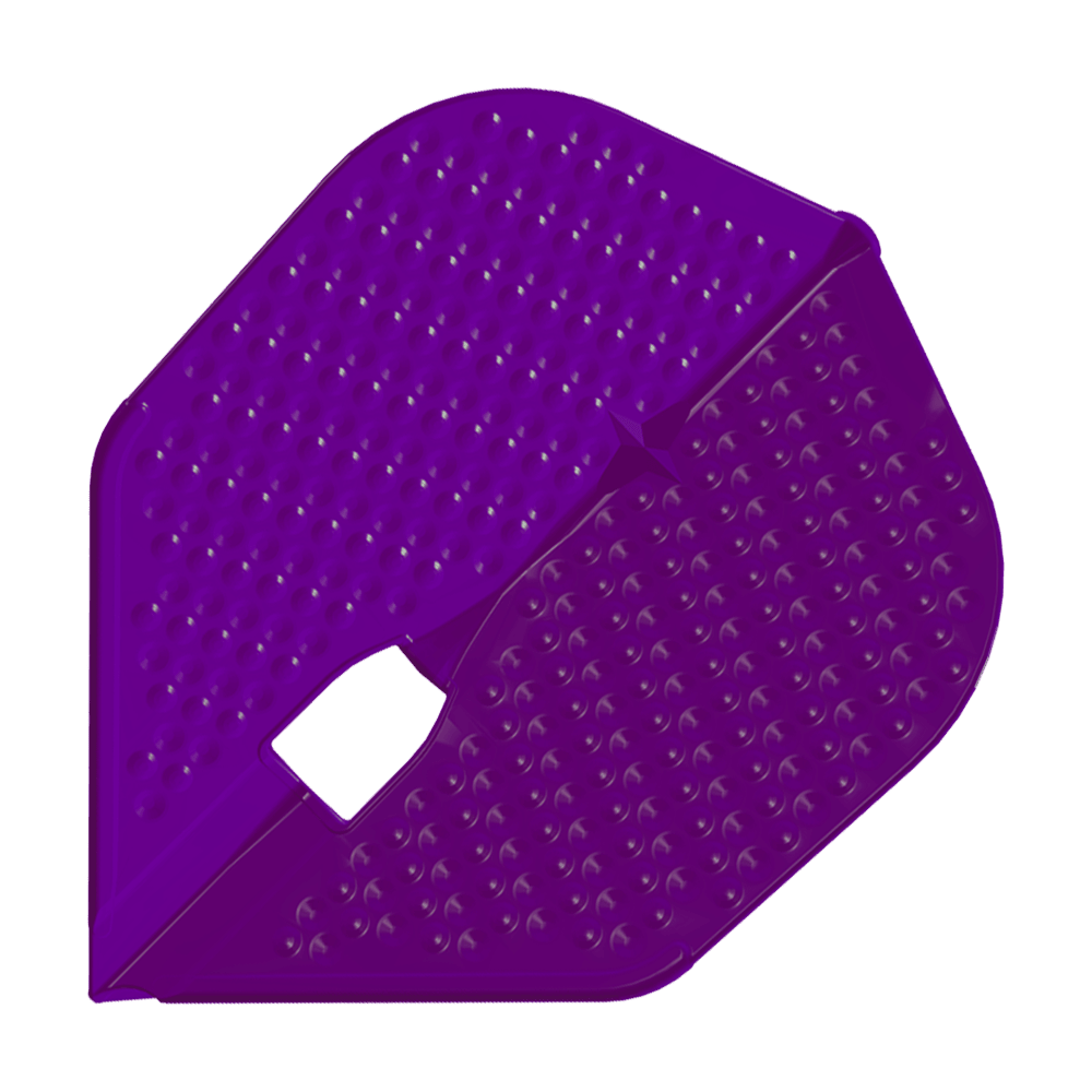 L-Style Flights Dimple Champagne L3PRO Shape Das Bild zeigt ein lila Dartflight in Dimple-Champagne-Form. Die Oberfläche ist mit vielen kleinen Vertiefungen versehen.