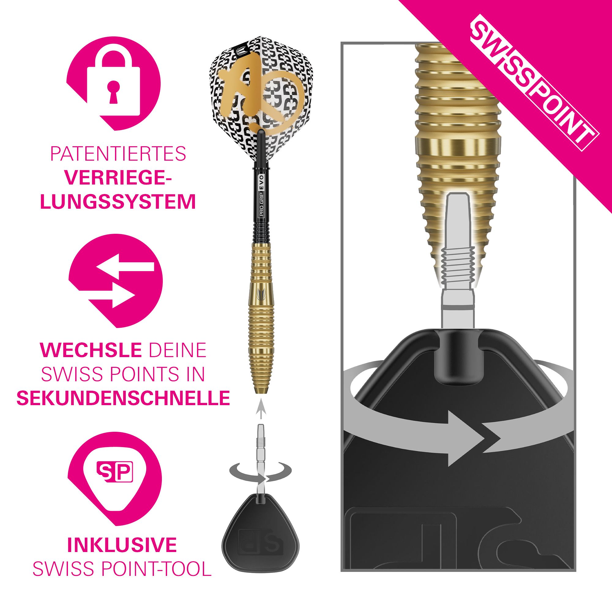 Dardos de acero Target Bolide Envy 05 Swiss Point Abgebildet sind Target Bolide Envy 05 Swiss Point Steeldarts. Die Darts sind ordentlich angeordnet und zeigen feine Details im Schaft.