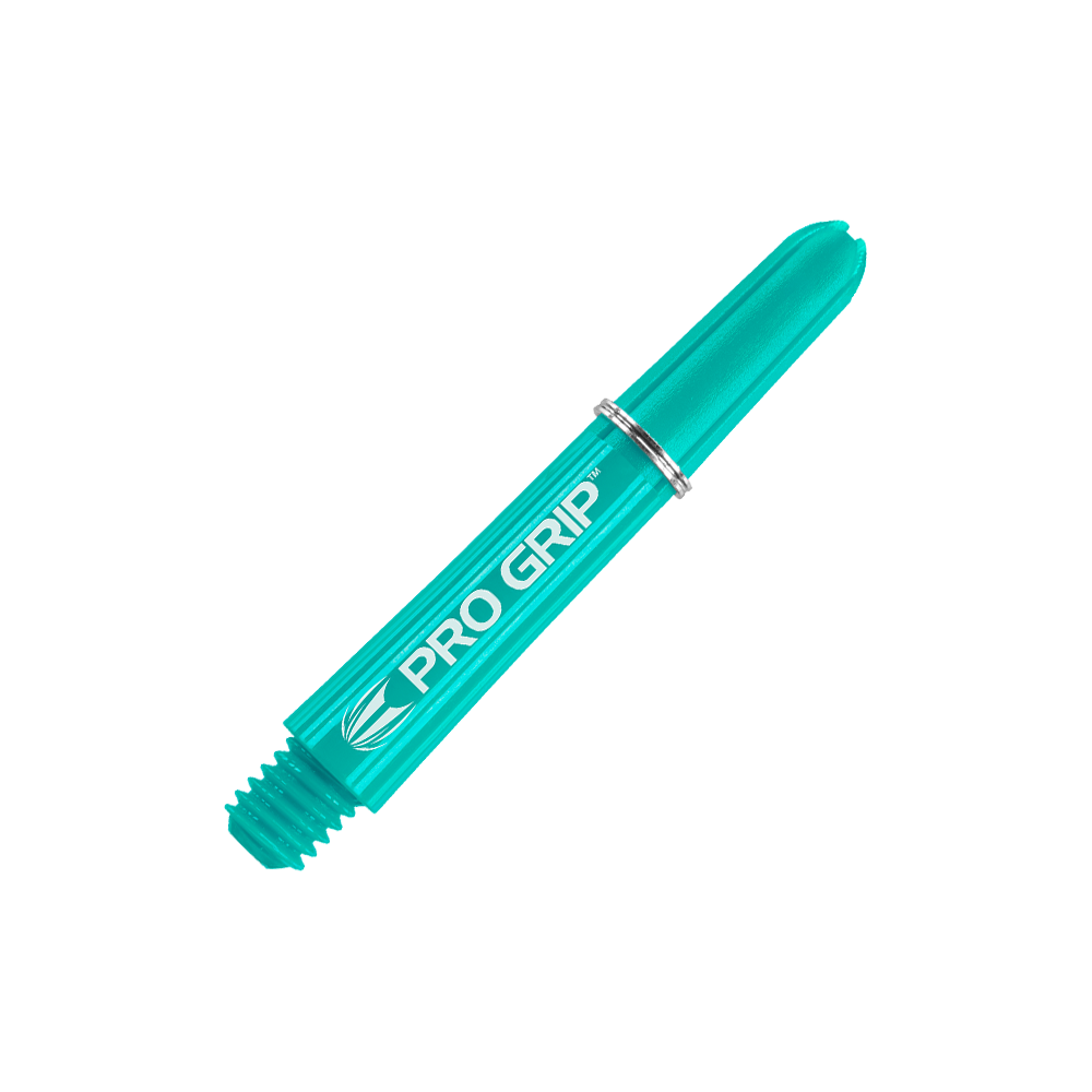 Varillas Target Pro Grip - 3 juegos - Aqua Das Bild zeigt einen aqua-blauen Pro Grip Dart-Schaft mit silbernem Ring. Auf dem Schaft steht der Schriftzug „PRO GRIP“.
