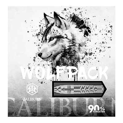 Caliburn Wolfpack W3 Steeldarts - 21 g Das Bild zeigt die Verpackung der Caliburn Wolfpack W3 Steeldarts mit einem Wolf als Motiv. Die Darts bestehen zu 90 % aus Tungsten und wiegen 21 Gramm.