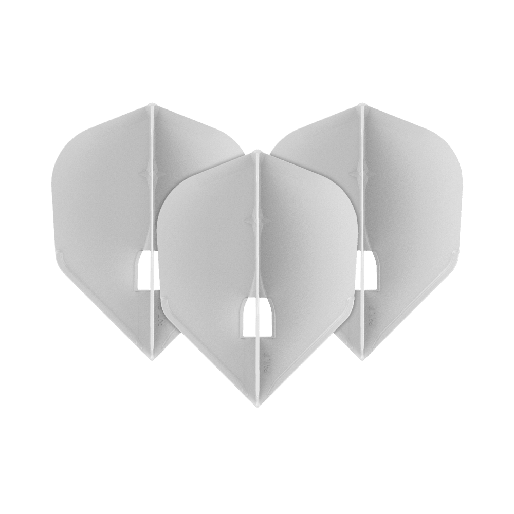 L-Style Flights Champagne - L3PRO Shape Auf dem Bild sind drei weiße Dart-Flights in einer V-Form angeordnet. Die Flights haben jeweils eine leicht durchsichtige Optik und eine standardisierte Pfeilform.