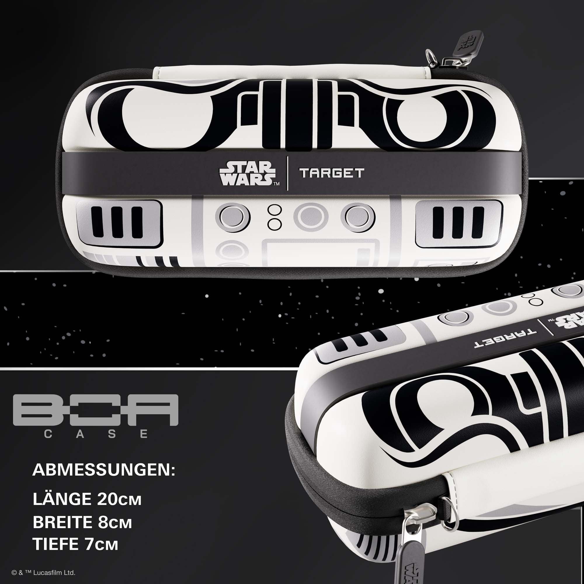 Auf diesem Bild sieht man das Target Star Wars Boa Dartcase im Stormtrooper Design. Das Dartcase ist im Stil der Star Wars Stormtrooper gestaltet.