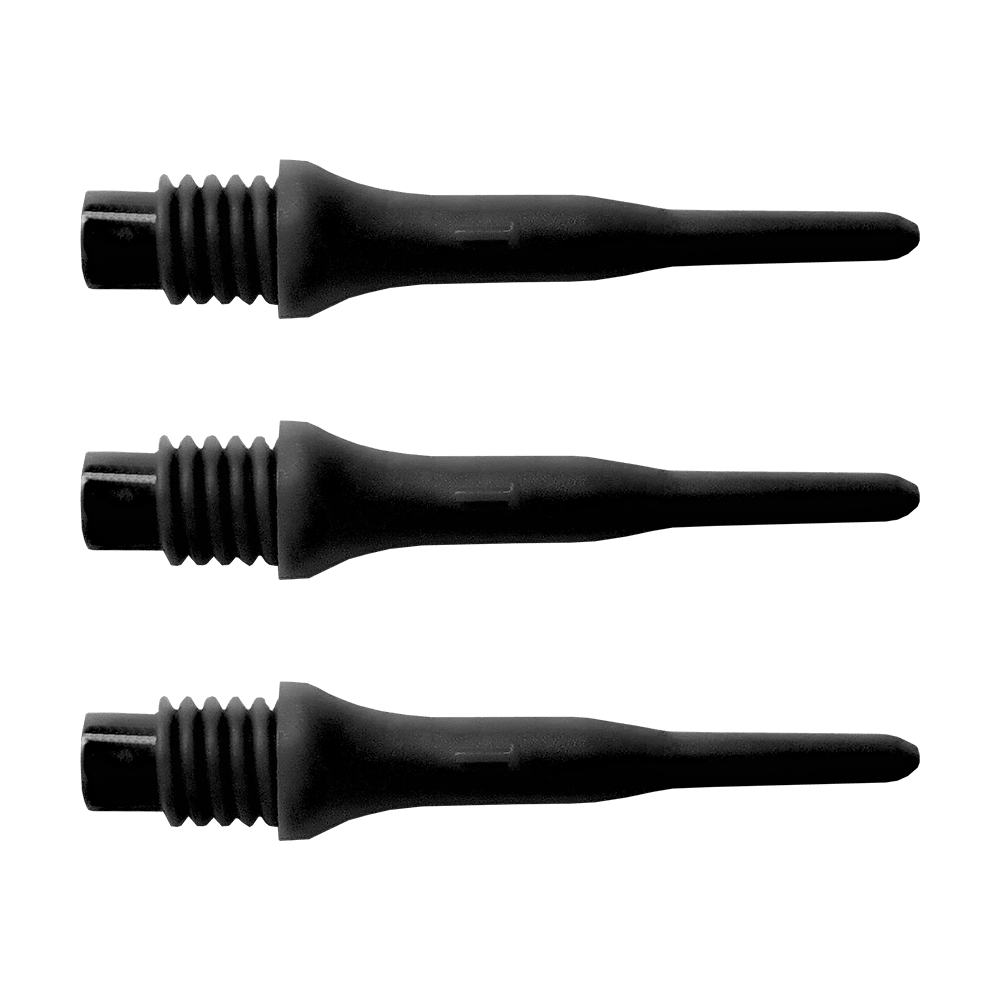 896_Bulls_Tefo_X_Softdart-Spitzen_100erPack_Schwarz_1 Das Bild zeigt drei schwarze Bulls Tefo X Spitzen. Diese Spitzen sind für Softdartpfeile und werden hier als 100er Pack angeboten.