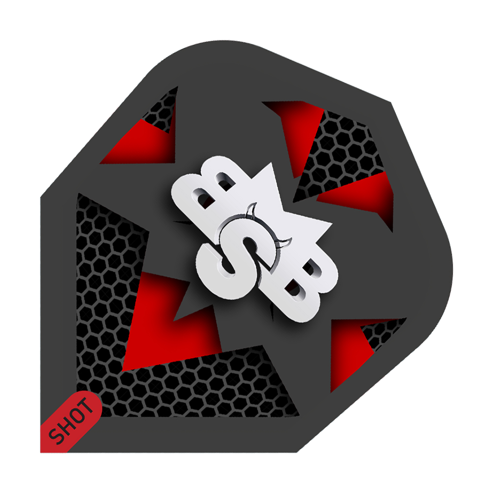 Shot Michael Smith Tenacious No6 Flights Das Bild zeigt ein Dartflight mit einem modernen Design in Schwarz, Rot und Weiß. In der Mitte sind die Buchstaben "MSB" und ein kleiner Stierkopf zu sehen, unten links steht "SHOT".