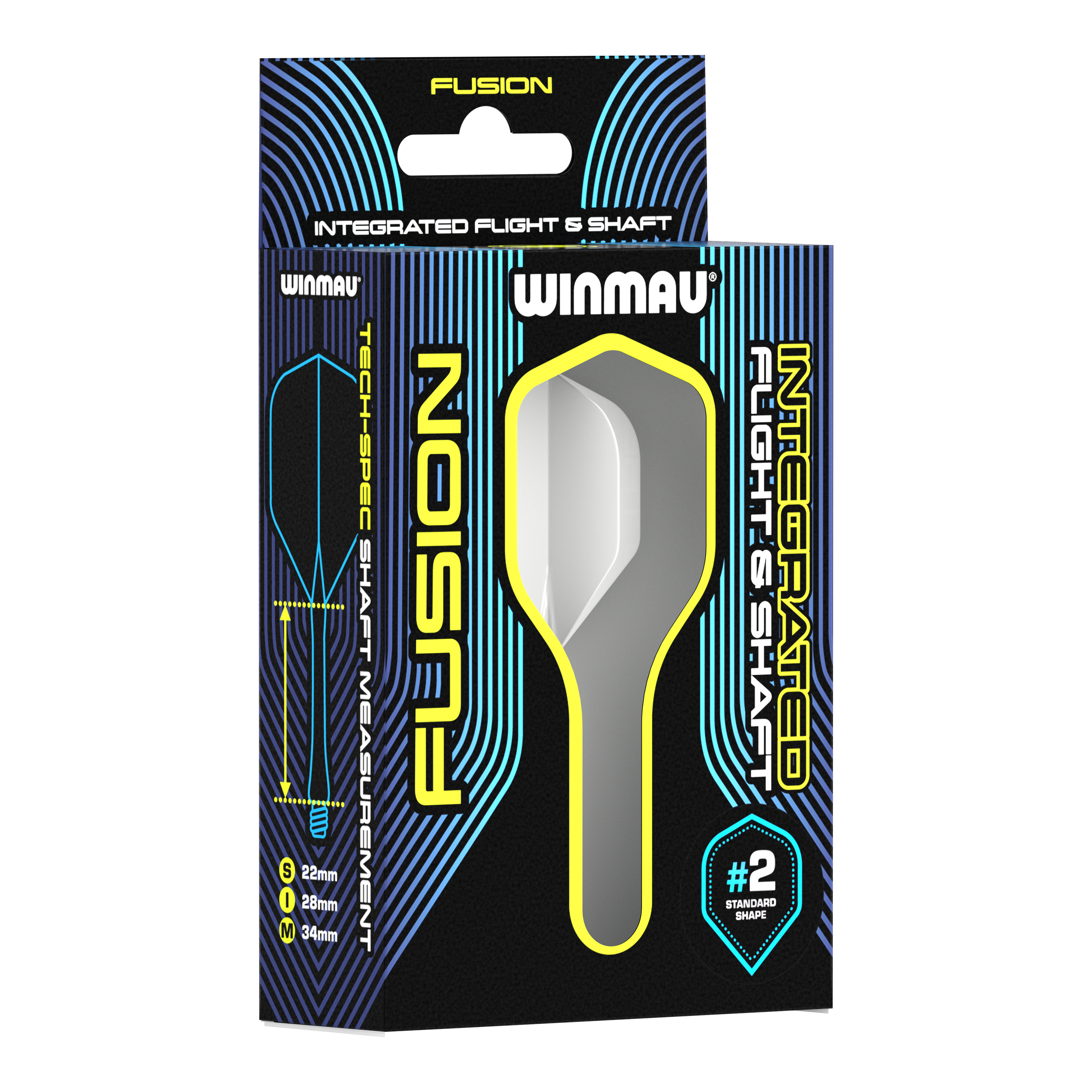 Sistema de eje de vuelo Winmau Fusion blanco estándar Auf dem Bild ist eine Verpackung des Winmau Fusion Integrated Flight & Shaft Systems in Weiß zu sehen. Die Verpackung zeigt einen 22 mm langen Schaft mit der Standardform #2.