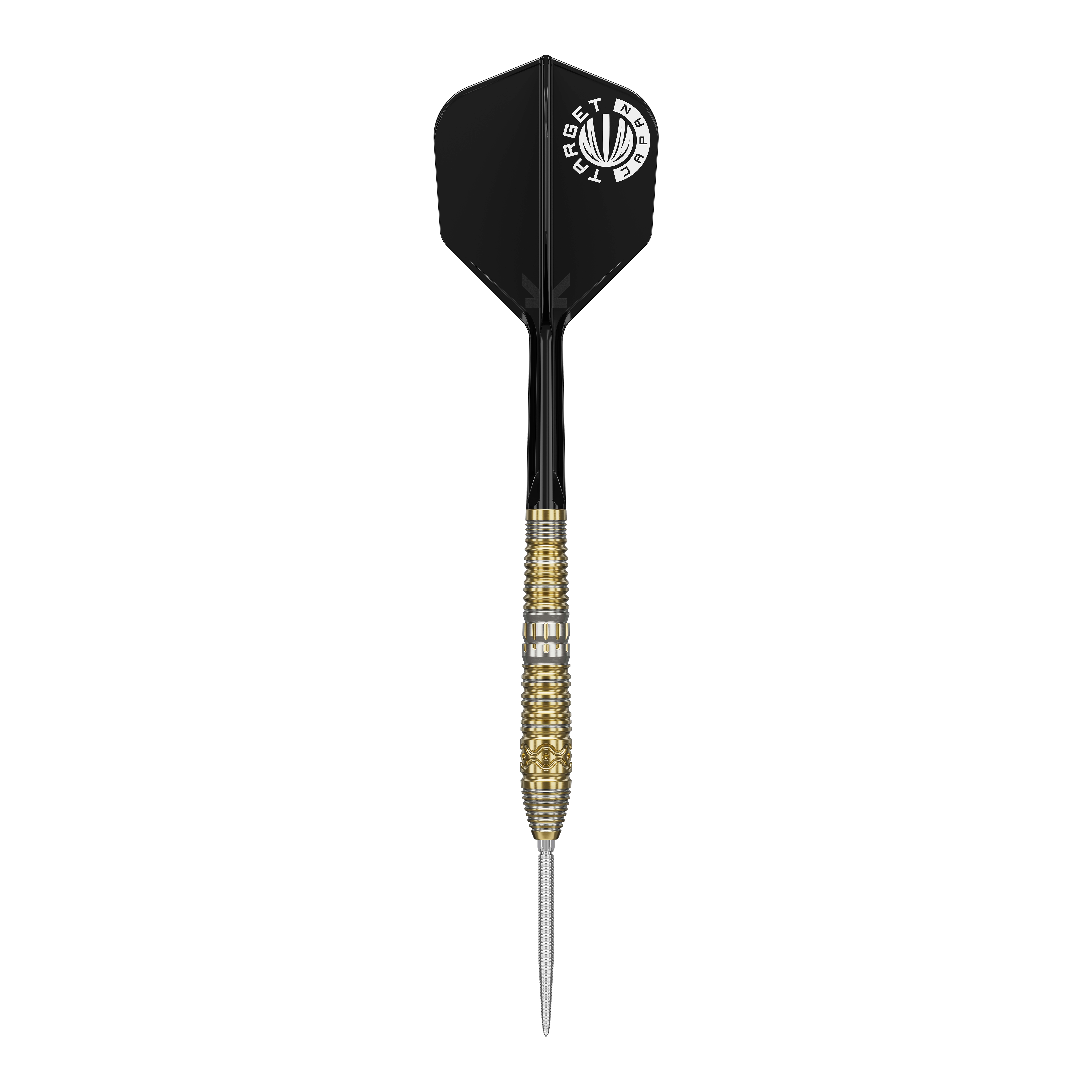 Dardos de acero Target Japan Hot Shot GEN2 - 23 g Das Bild zeigt einen Target Japan Hot Shot GEN2 Steeldart mit einem Gewicht von 23g. Der Dart hat eine goldene, strukturierte Spitze und schwarze Flights.