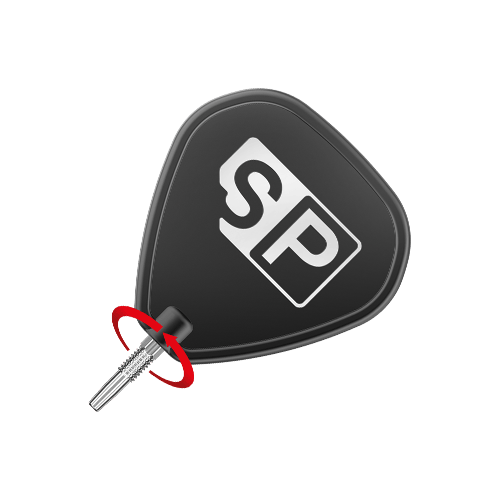 Puntas de dardos Target Swiss Point Chrono - Plateadas Das Bild zeigt eine schwarze Dartflügel mit den weißen Buchstaben "SP" darauf. An der Unterseite ist eine silberne Dartspitze zu sehen, die mit einem roten Pfeil markiert ist.