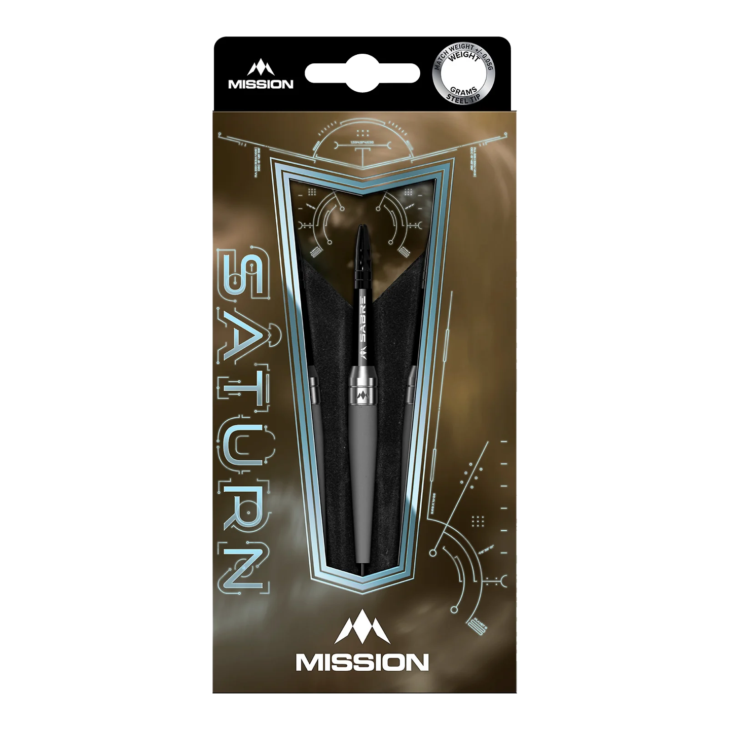 Dardos de acero Mission Saturn Titan Das Bild zeigt die Mission Saturn Titan Steeldarts in ihrer Verpackung. Die Verpackung ist modern gestaltet und hebt den Dart in der Mitte hervor.