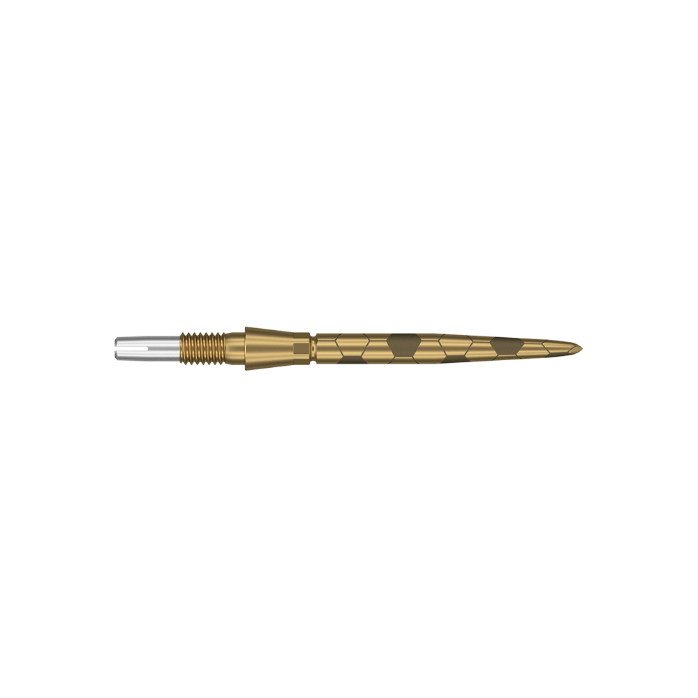Das Bild zeigt eine goldfarbene Dartspitze mit feinen eingravierten Mustern. Sie hat eine schlanke, spitz zulaufende Form und ist 26 mm lang.