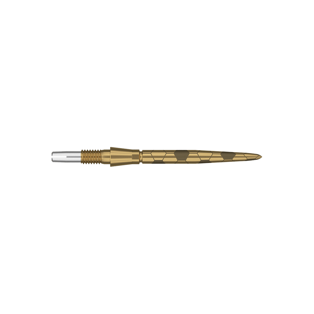 Puntas de dardos Target Swiss Storm Onyx Point - Oro Das Bild zeigt eine goldfarbene Dartspitze mit feinen eingravierten Mustern. Sie hat eine schlanke, spitz zulaufende Form und ist 26 mm lang.
