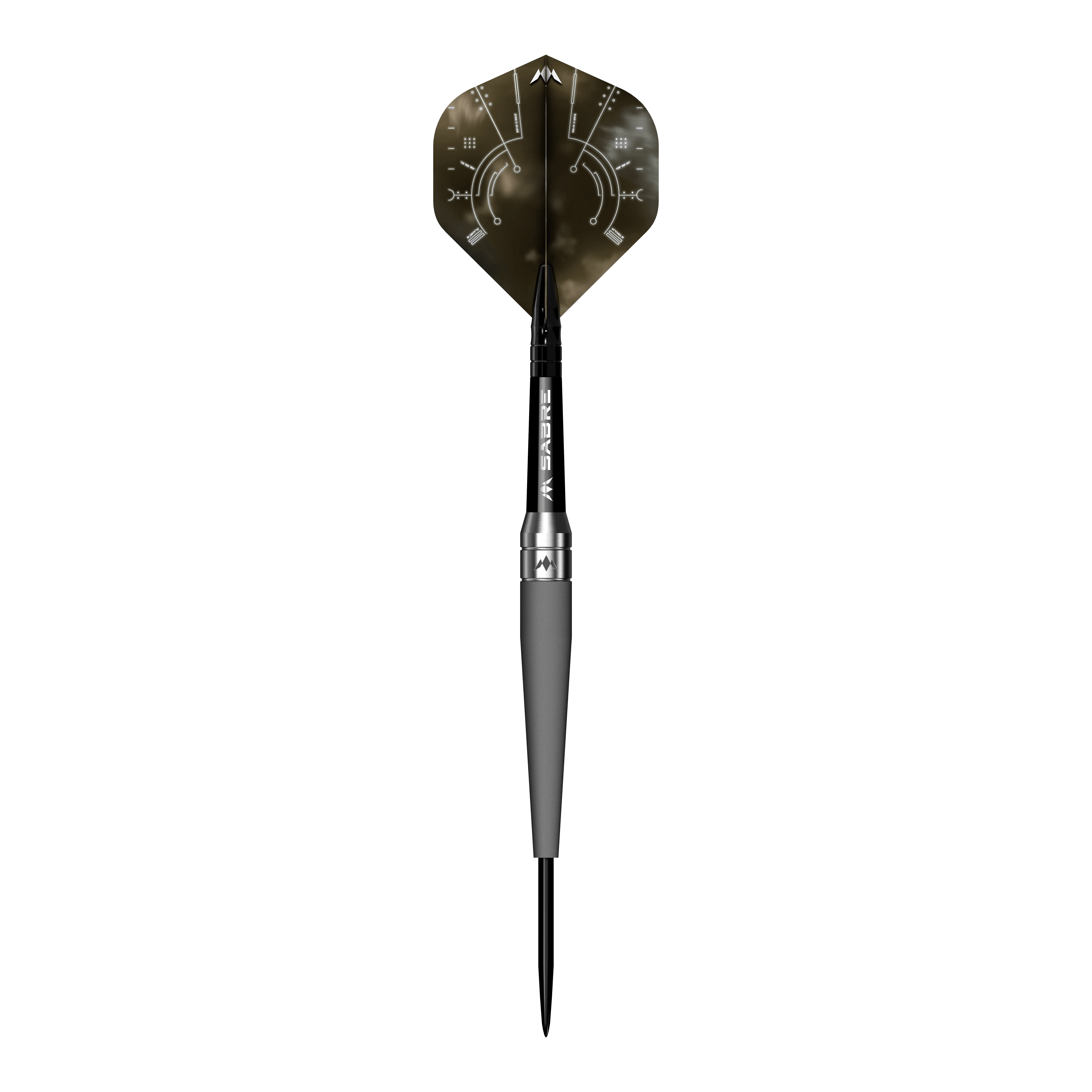 Dardos de acero Mission Saturn Titan Das Bild zeigt einen einzelnen Steeldart mit dem Namen "Mission Saturn Titan Steeldarts". Der Dartpfeil hat ein dunkles Design mit metallischen und grafischen Elementen auf der Flugfeder.