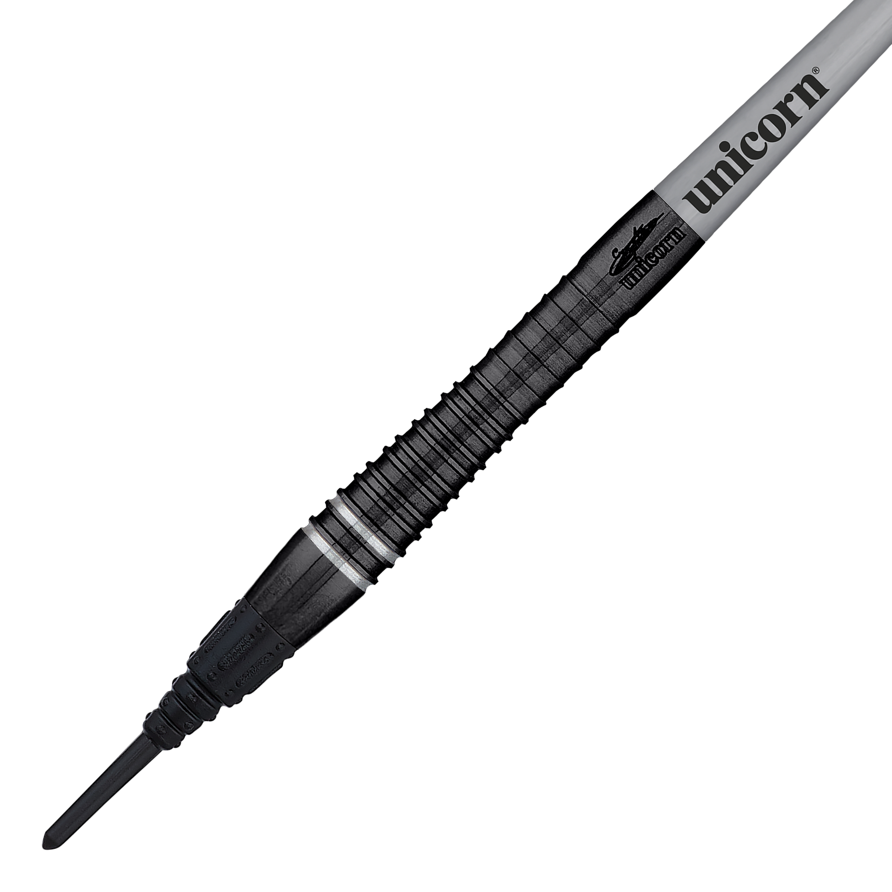 Dardos blandos Unicorn World Champion Gary Anderson Noir Phase 6 Das Bild zeigt einen Unicorn World Champion Gary Anderson Noir Phase 6 Softdart. Der Dart hat ein elegantes, schwarzes Design mit dem Aufdruck "unicorn" auf dem Schaft.