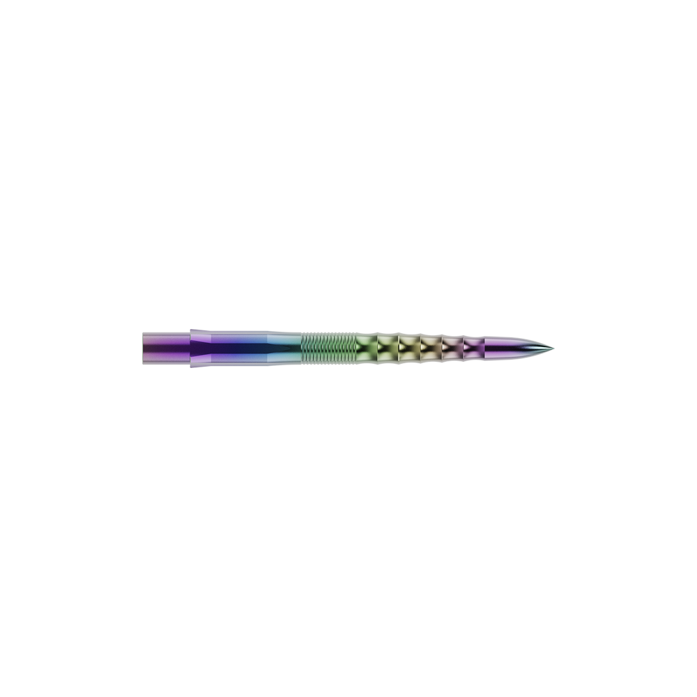 Puntas de dardos Mission Caliburn EVO - Ondulación - Coral Auf dem Bild ist eine bunte Steeldartspitze mit wellenförmigem Design zu sehen. Sie hat eine glänzende Oberfläche mit Farbverlauf und ist wahrscheinlich aus Metall gefertigt.