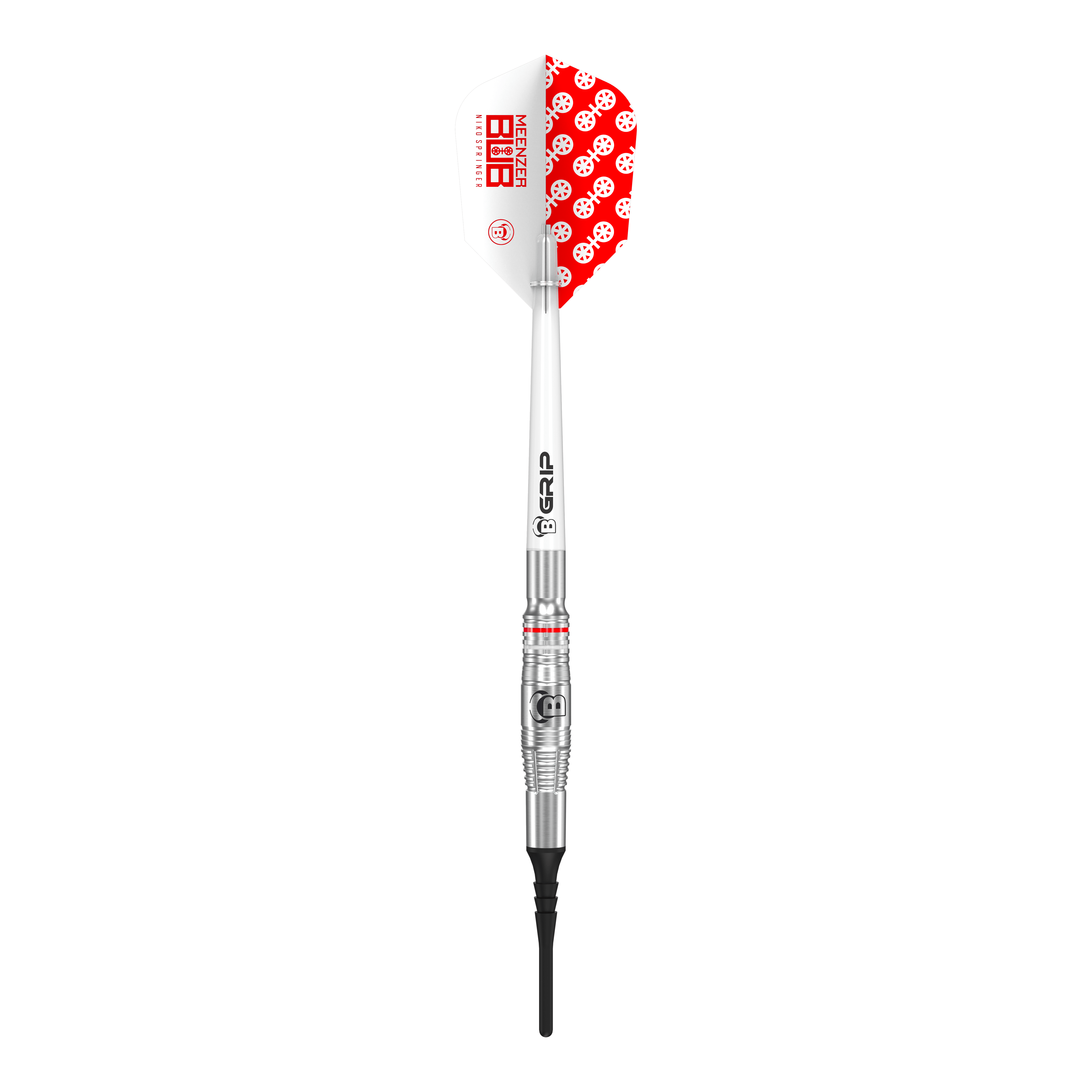 Auf dem Bild ist ein Bulls Niko Springer Softdart mit einem Gewicht von 22g zu sehen. Das Dart hat ein silbernes Barrel, einen weißen Schaft und ein Flight mit rotem Muster.
