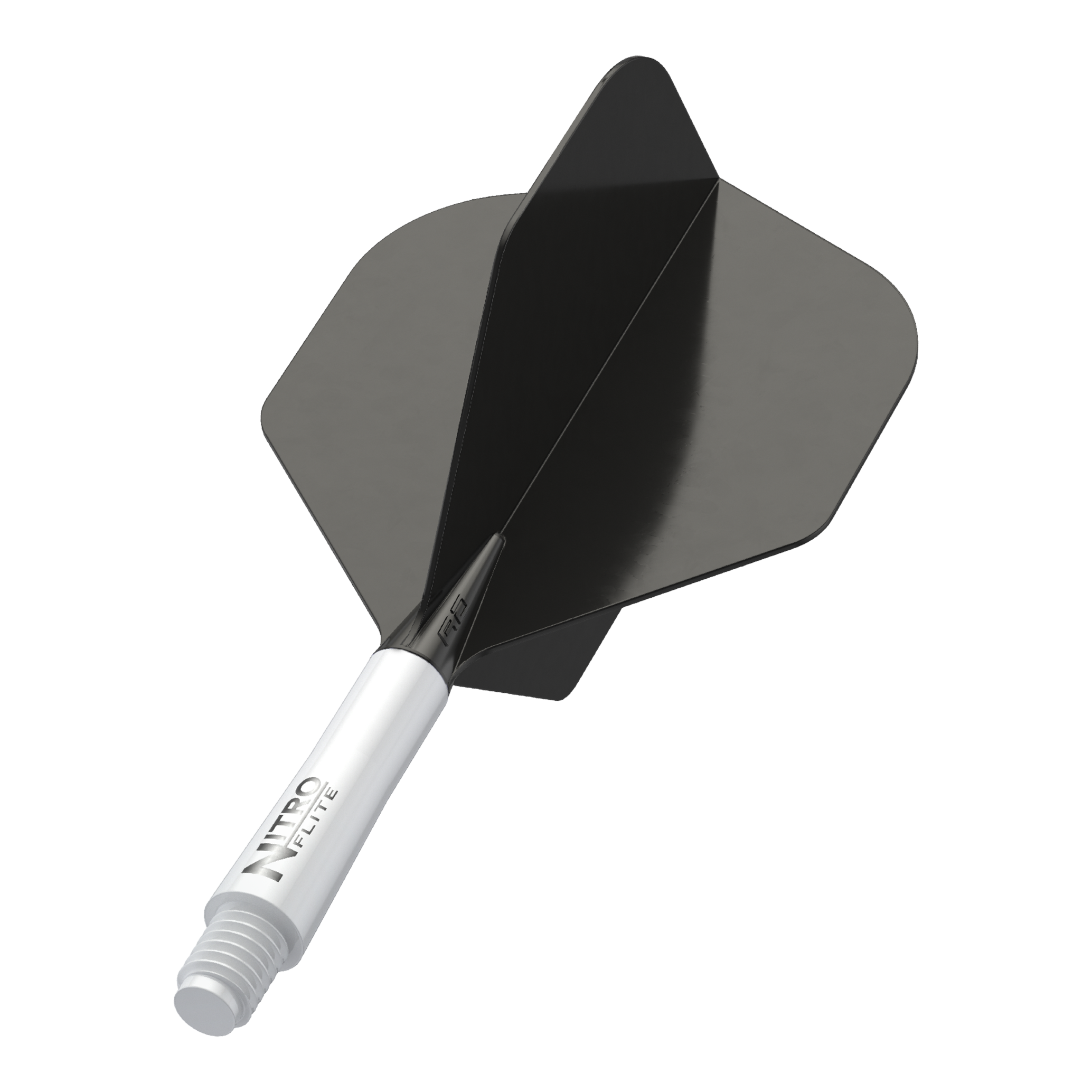 Red Dragon Nitroflite - Eje blanco, plumas negras nº 2 Das Bild zeigt einen schwarzen Dart-Flügel mit einem weißen Schaft. Auf dem Schaft steht der Text "NITRO FLITE".