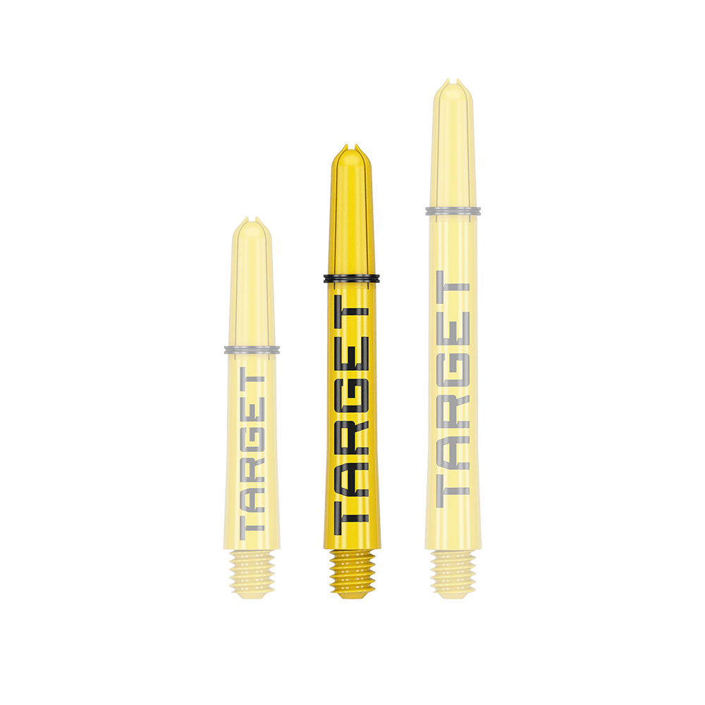 Varillas Target Pro Grip TAG - 3 juegos - Amarillas Das Bild zeigt drei gelbe Dartschäfte in verschiedenen Längen. Auf jedem Schaft steht das Wort "TARGET" in schwarzer Schrift.