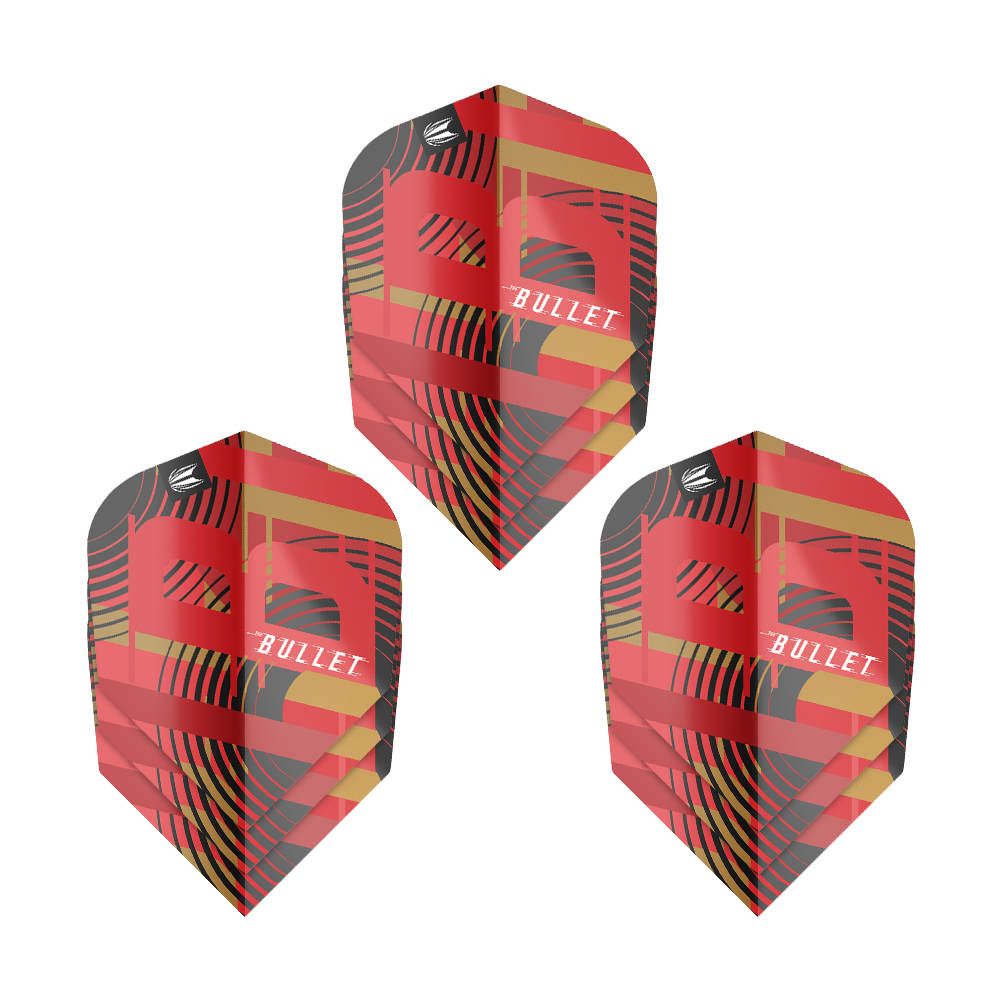 Plumas Target Pro Ultra Stephen Bunting GEN5 No6 - 3 juegos Das Bild zeigt drei Sets von Target Pro Ultra Stephen Bunting GEN5 No6 Flights. Die Flights haben ein auffälliges Design in Rot, Schwarz und Gold mit dem Schriftzug "Bullet".