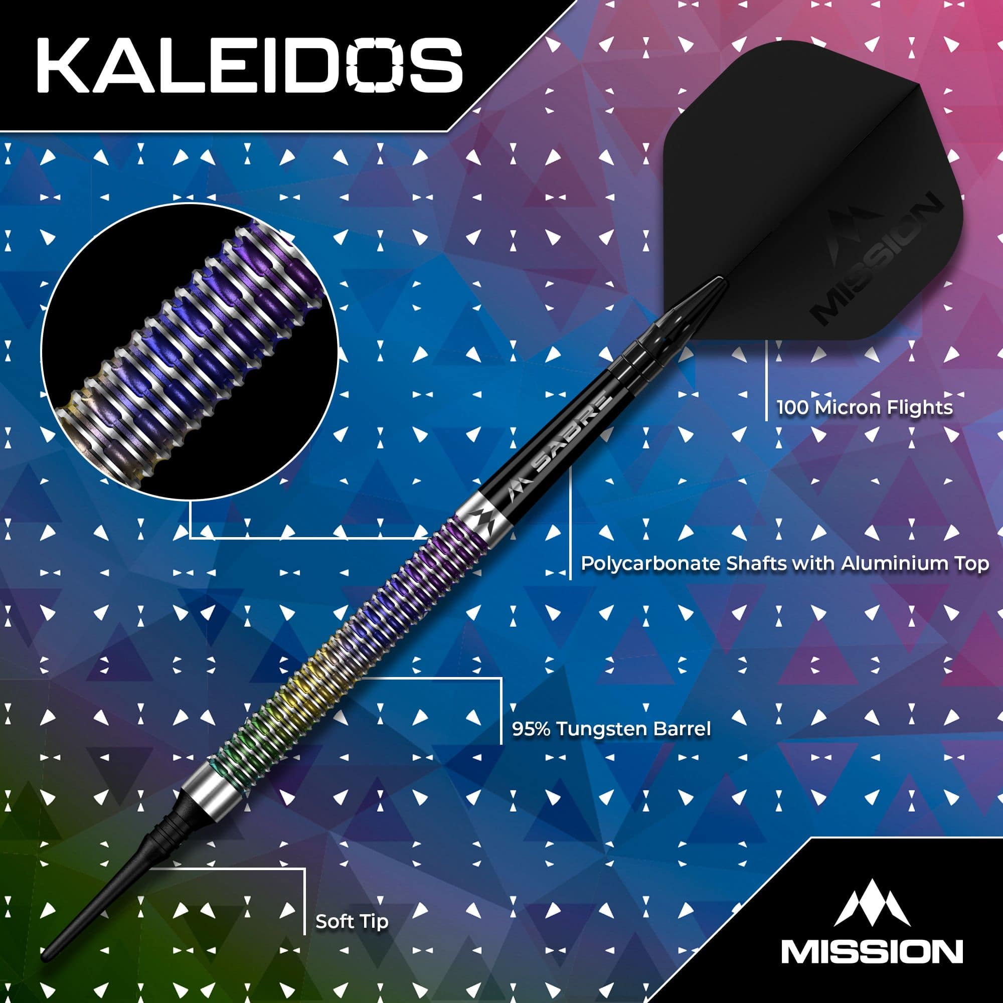 Dardos blandos Mission Kaleidos - 19 g Das Foto zeigt Mission Kaleidos Softdarts - 19g. Es handelt sich um hochwertige Darts für Hobby- und Profispieler.