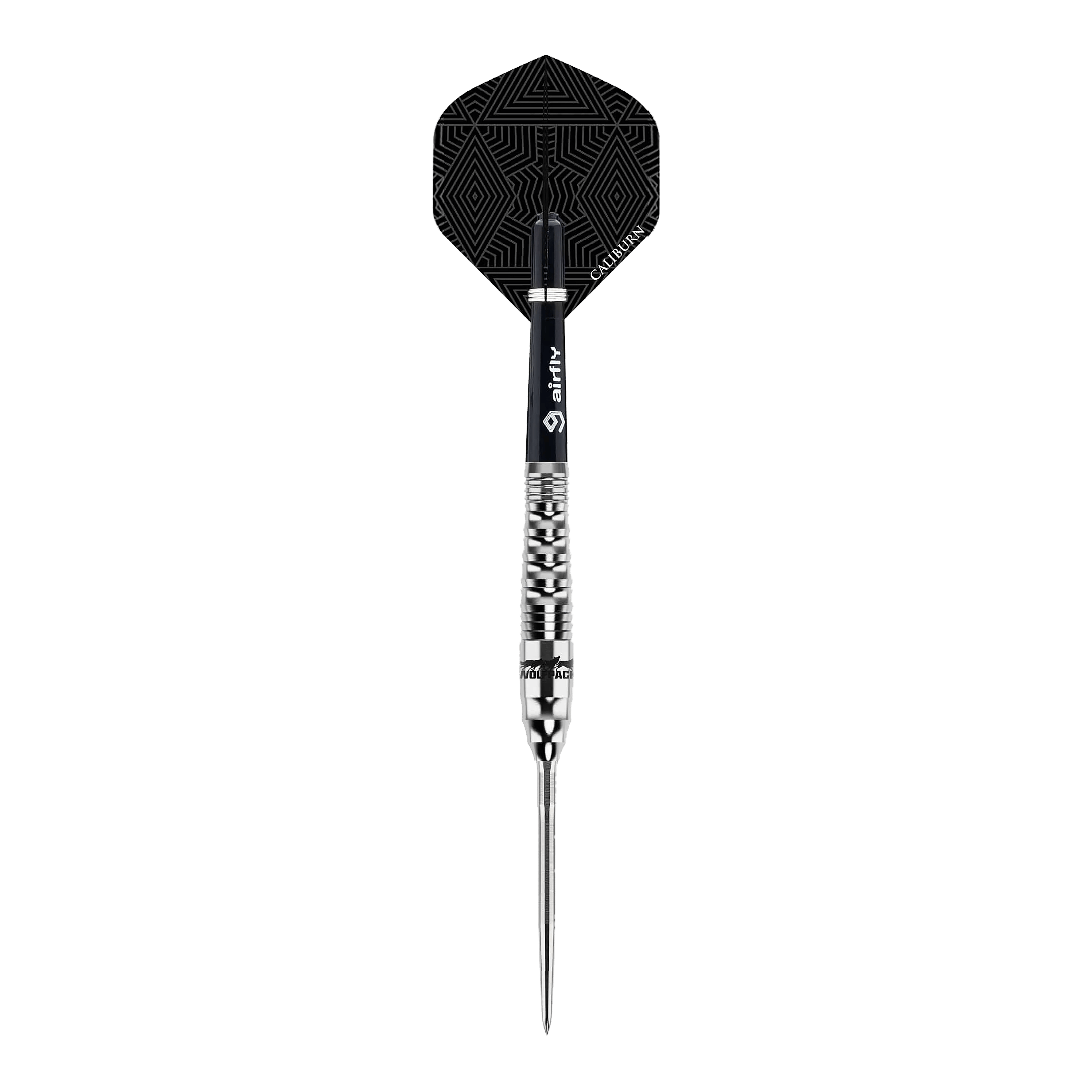 Caliburn Wolfpack W3 Steeldarts - 21 g Auf dem Bild ist der Caliburn Wolfpack W3 Steeldart mit einem Gewicht von 21g zu sehen. Der Dartpfeil hat ein silbernes, strukturiertes Barrel und eine schwarz gemusterte Flight.