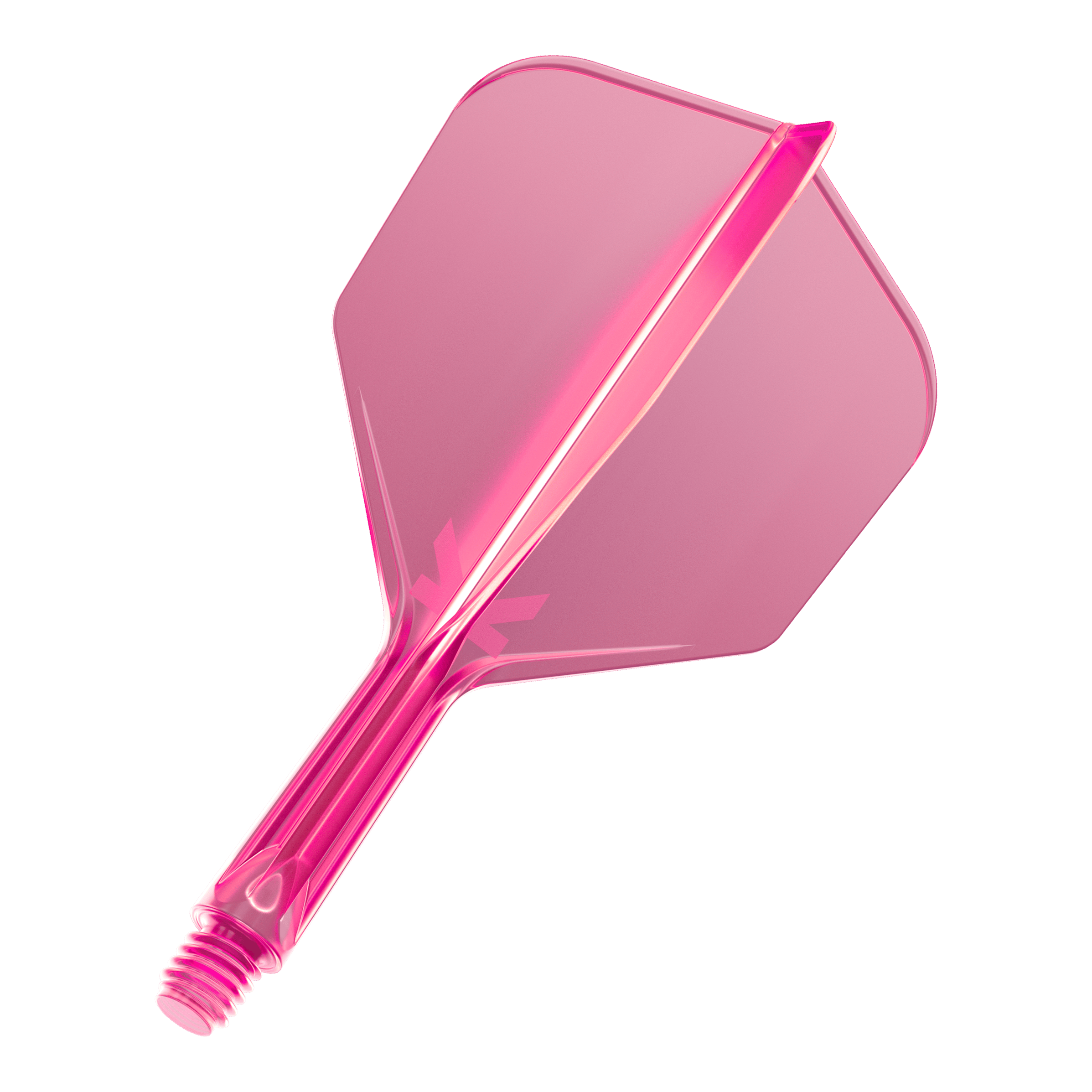 Sistema de vuelo Target K-Flex No6 - Rosa neón Das Bild zeigt eine neonpinke Dartflügel-Kombination mit integriertem Schaft. Das Material wirkt durchsichtig und hat einen modernen Look.