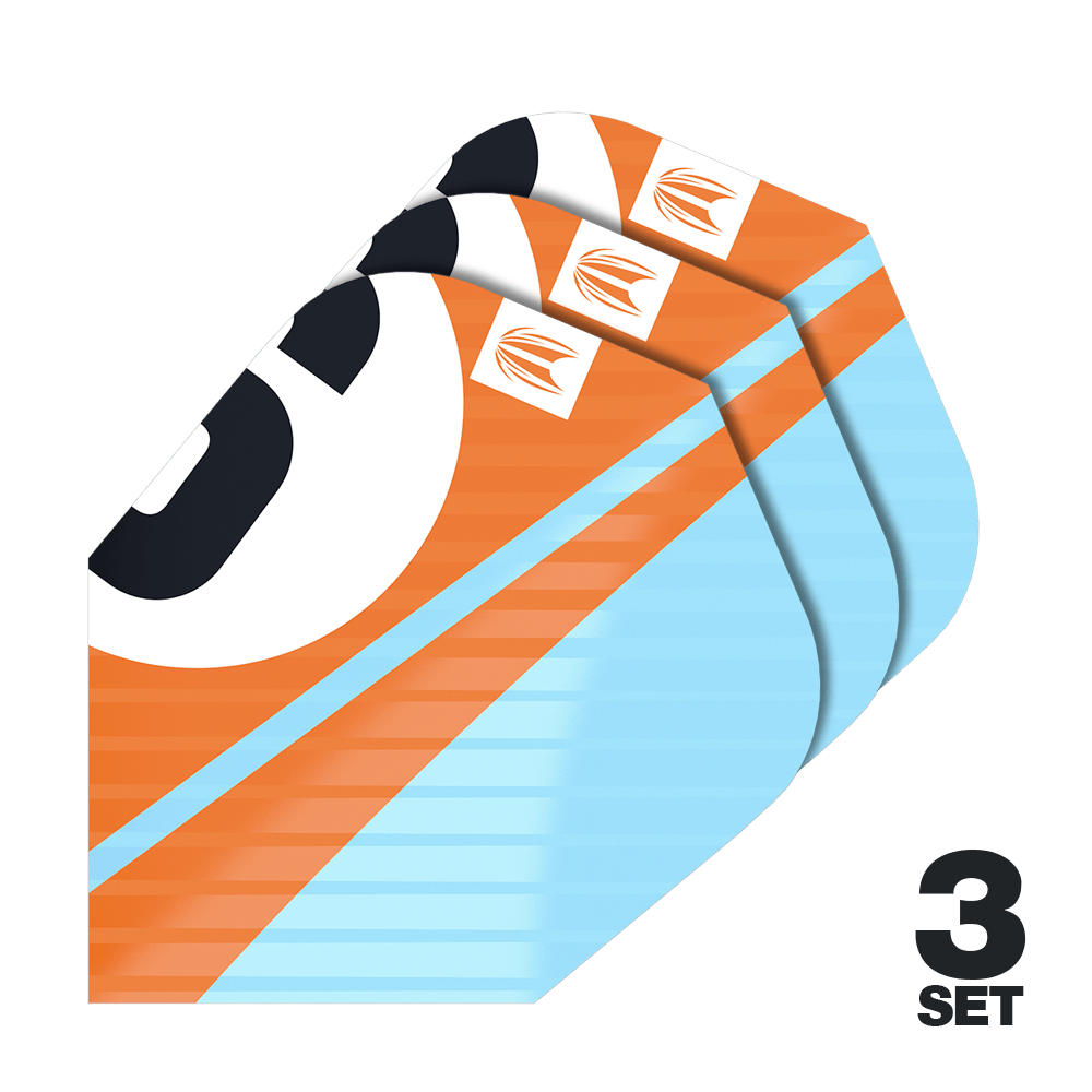 Plumas Target Pro Ultra Chicane Orange Ten-X - 3 juegos Das Bild zeigt drei Sätze Target Pro Ultra Chicane Orange Ten-X Flights. Die Flights sind orange und hellblau mit einem auffälligen Design.