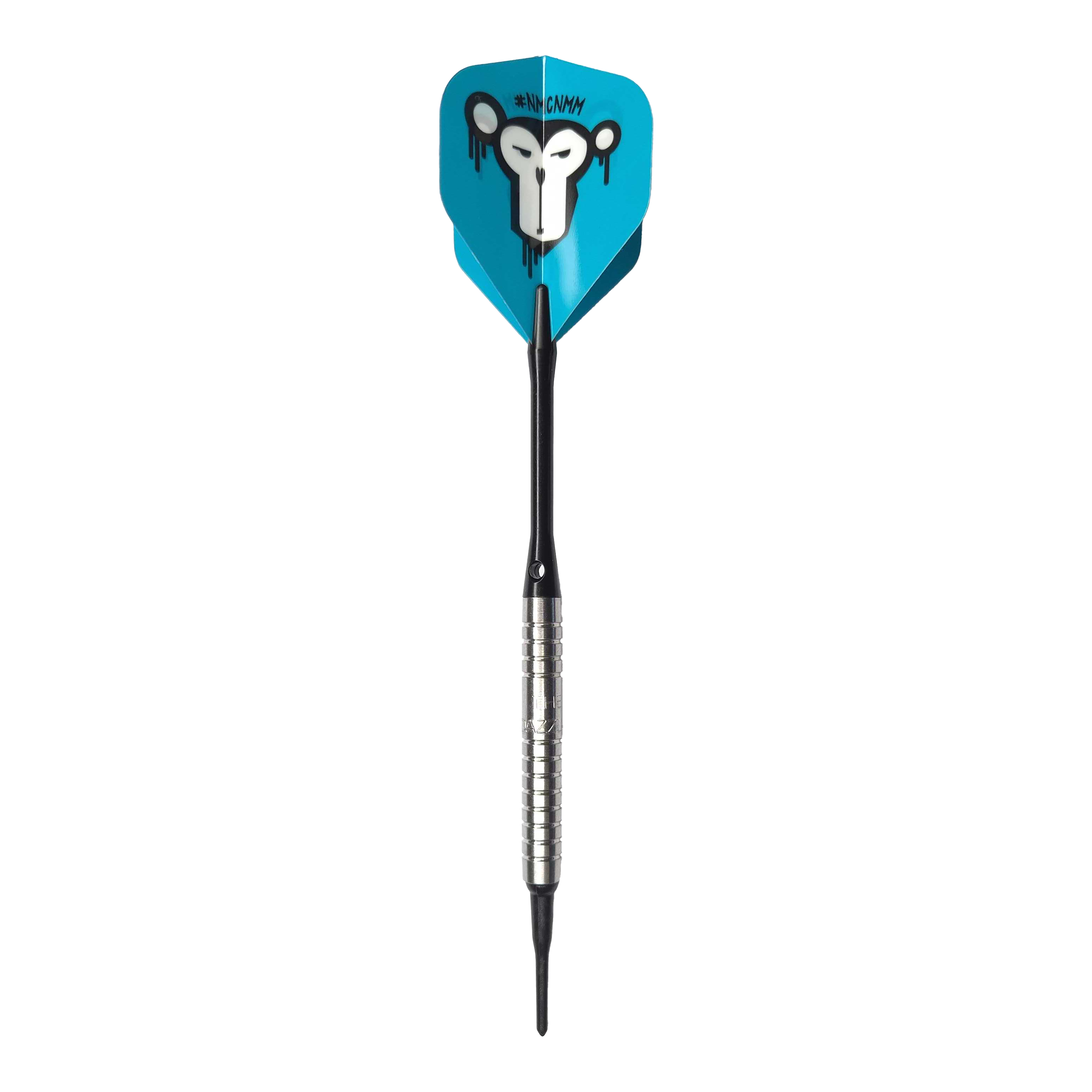 Dardos blandos McDart 85 Tungsteno V15 - 16,5 g Der McDart 85er Tungsten V15 Softdart wiegt 16,5g und hat ein silbernes, geriffeltes Barrel. Die Flights sind blau und zeigen das Bild eines stilisierten Affengesichts.