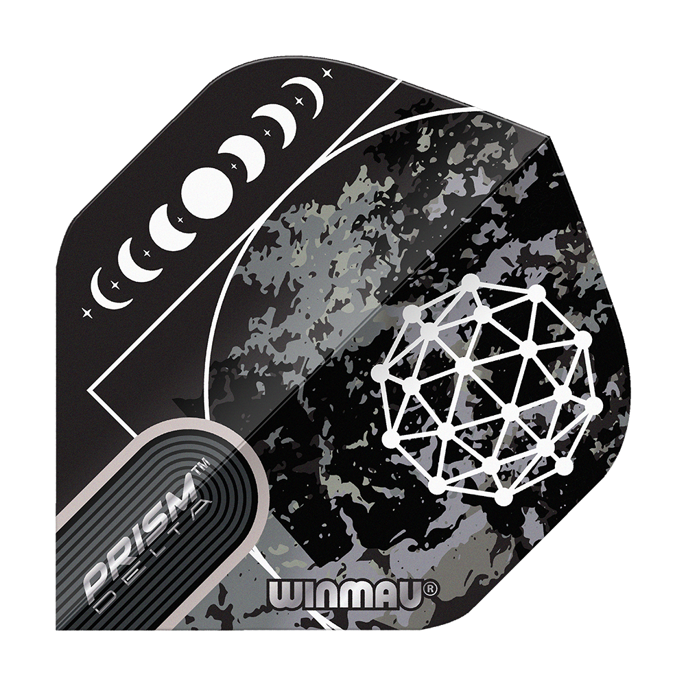 Vuelos estándar Winmau Prism Delta Callisto No2 Das Bild zeigt das Produkt "Winmau Prism Delta Callisto No2 Standard Flights". Es hat ein schwarzes Design mit Mondphasen und geometrischem Muster.