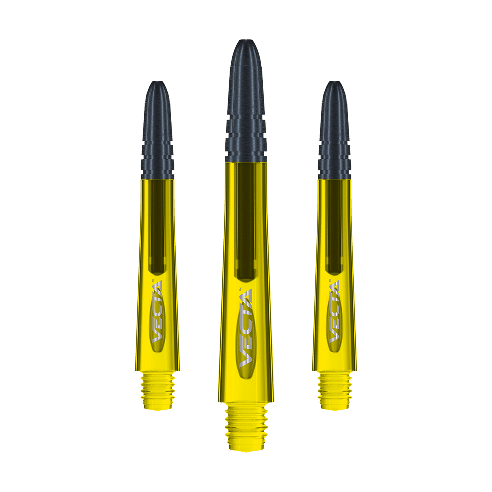 7025-206_Winmau_Vecta_Shafts_Gelb_40mm_1 Das Bild zeigt drei gelbe Winmau Vecta Shafts für Darts. Die Shafts haben schwarze Spitzen und sind mit dem Schriftzug "Vecta" versehen.