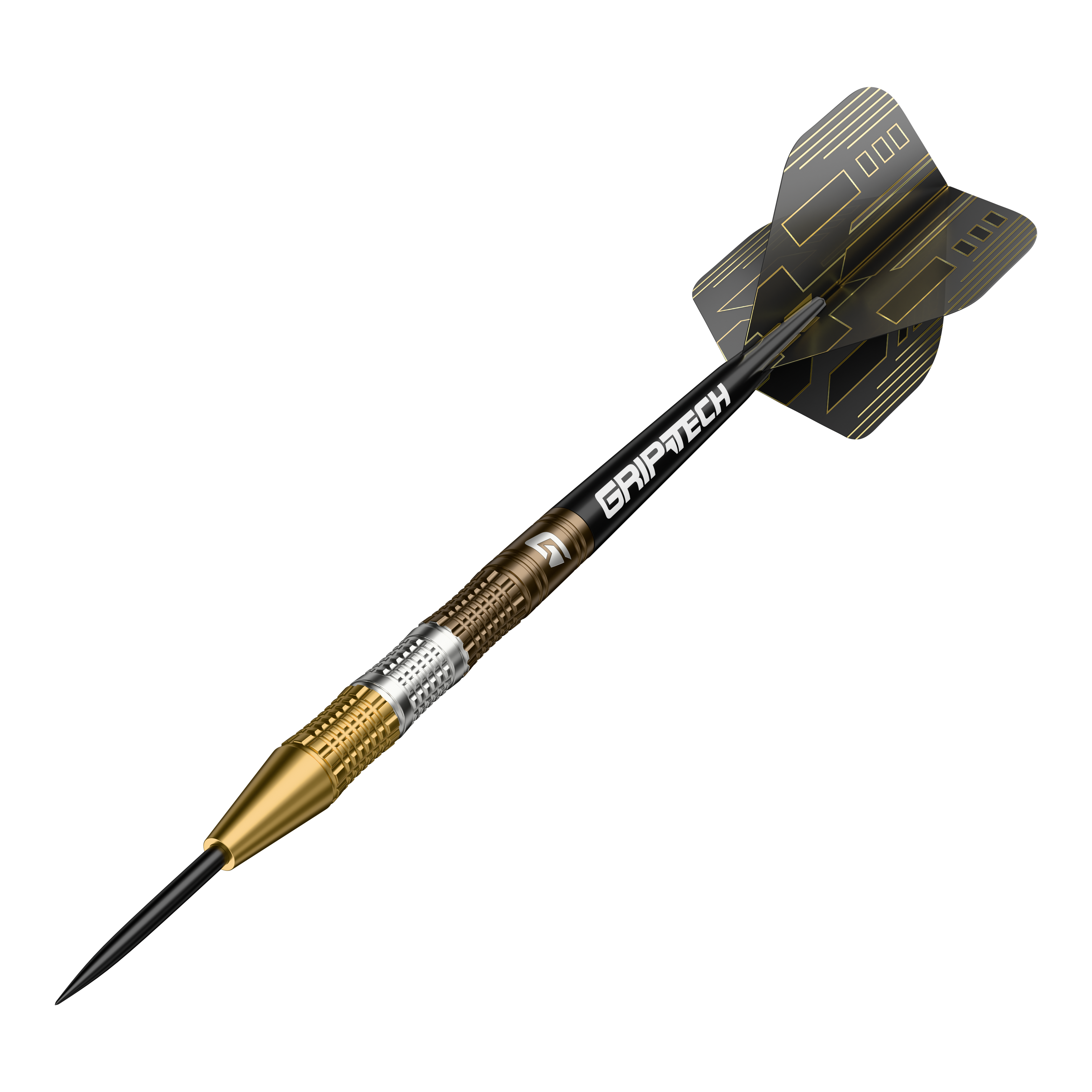 Dardos de acero de tungsteno para la ceremonia GOAT Der GOAT Ceremony Tungsten Steeldart ist ein hochwertiger Dartpfeil mit goldenen und silbernen Elementen. Auf dem Schaft steht das Wort "GRIPTECH" und die Flights sind schwarz mit goldenen Linien gestaltet.