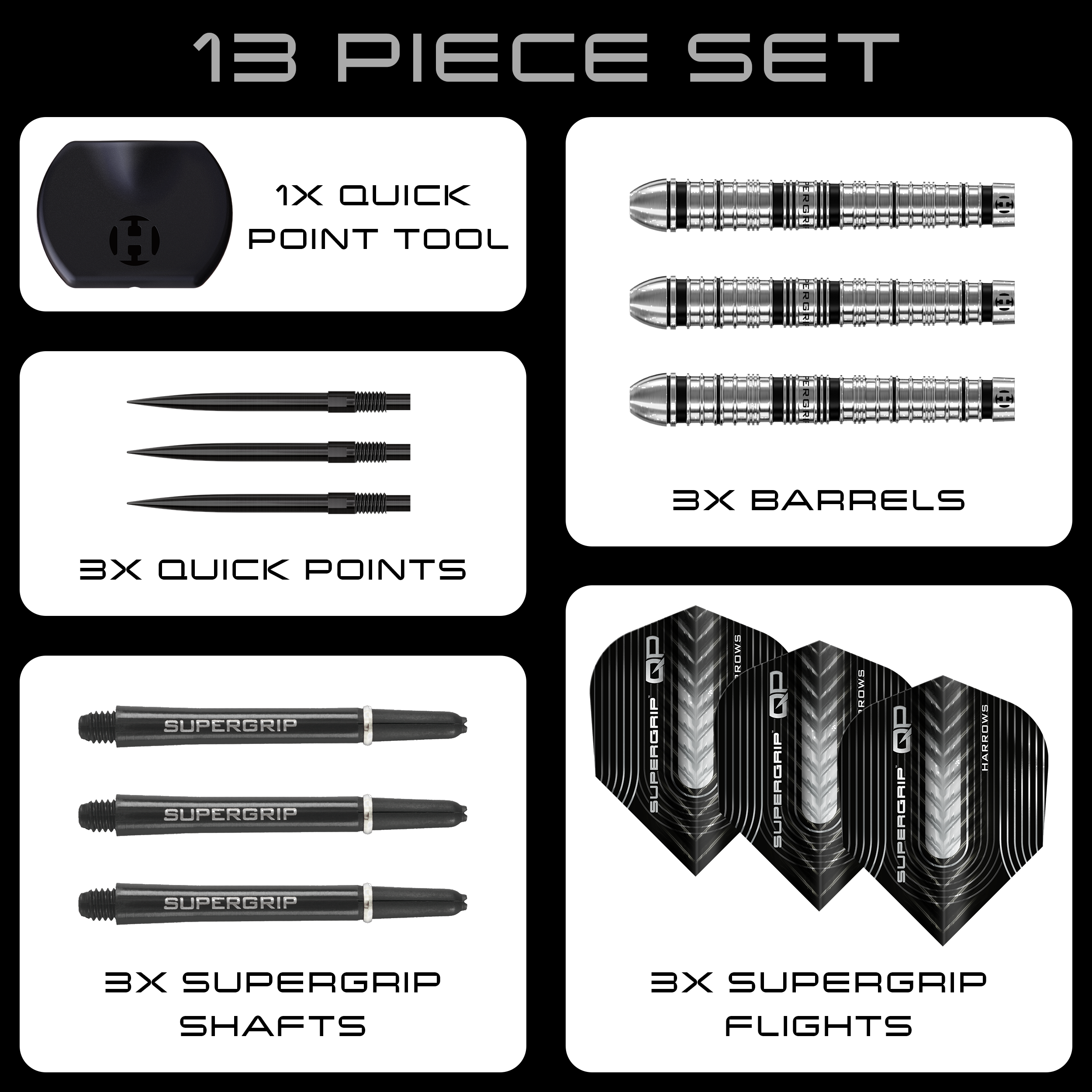 Dardos de acero de punta rápida cónica Supergrip de Harrows Zu sehen sind die Harrows Supergrip QP Tapered Quick Point Steeldarts. Diese Darts bieten eine hochwertige Verarbeitung für optimale Spieleigenschaften.
