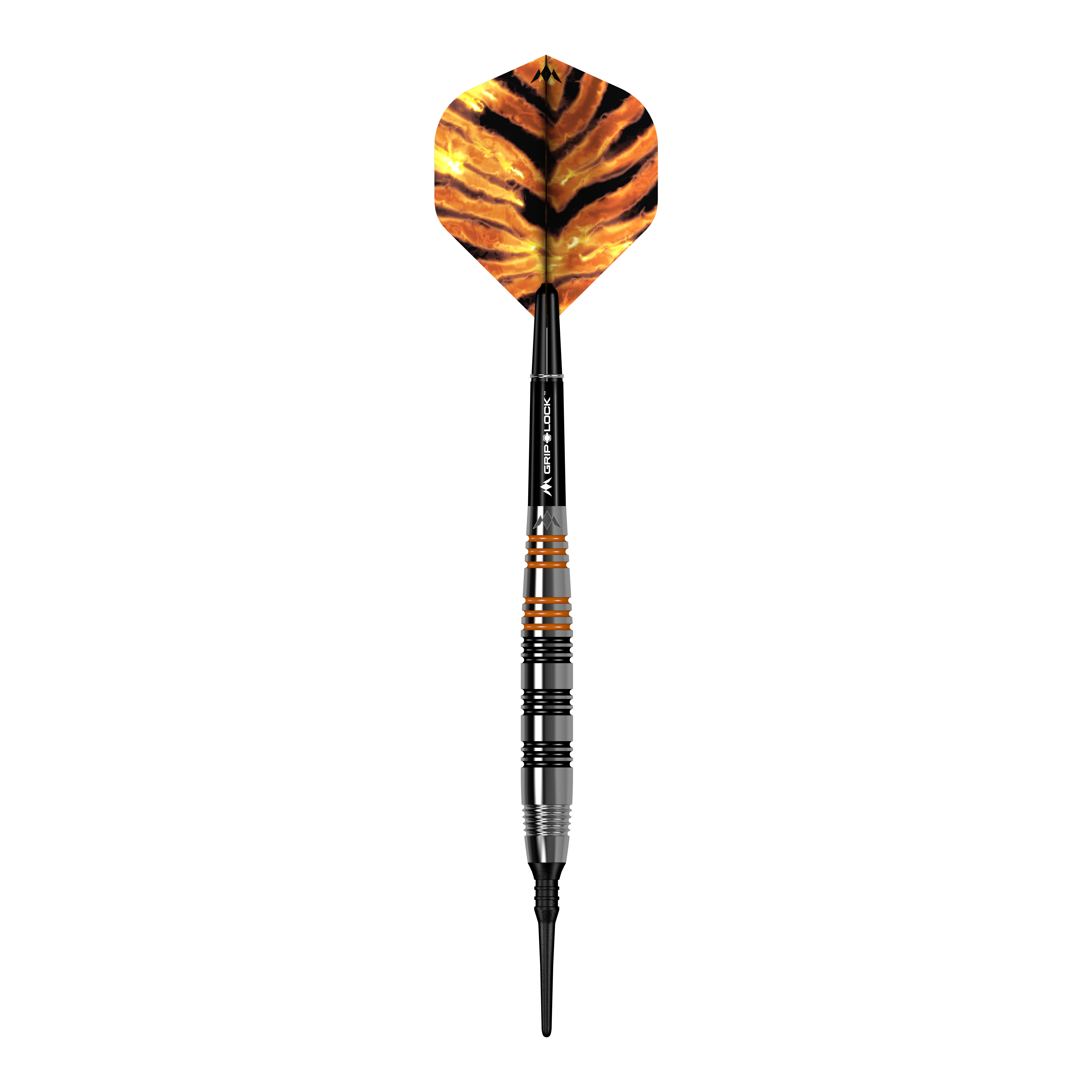 Dardos blandos de latón Mission Javan - 18 g Das Bild zeigt einen Softdart namens "Mission Javan Brass Softdarts - 18g". Der Dart hat eine schwarz-orangene Spitze und eine Flügel mit einem Tigerstreifenmuster.
